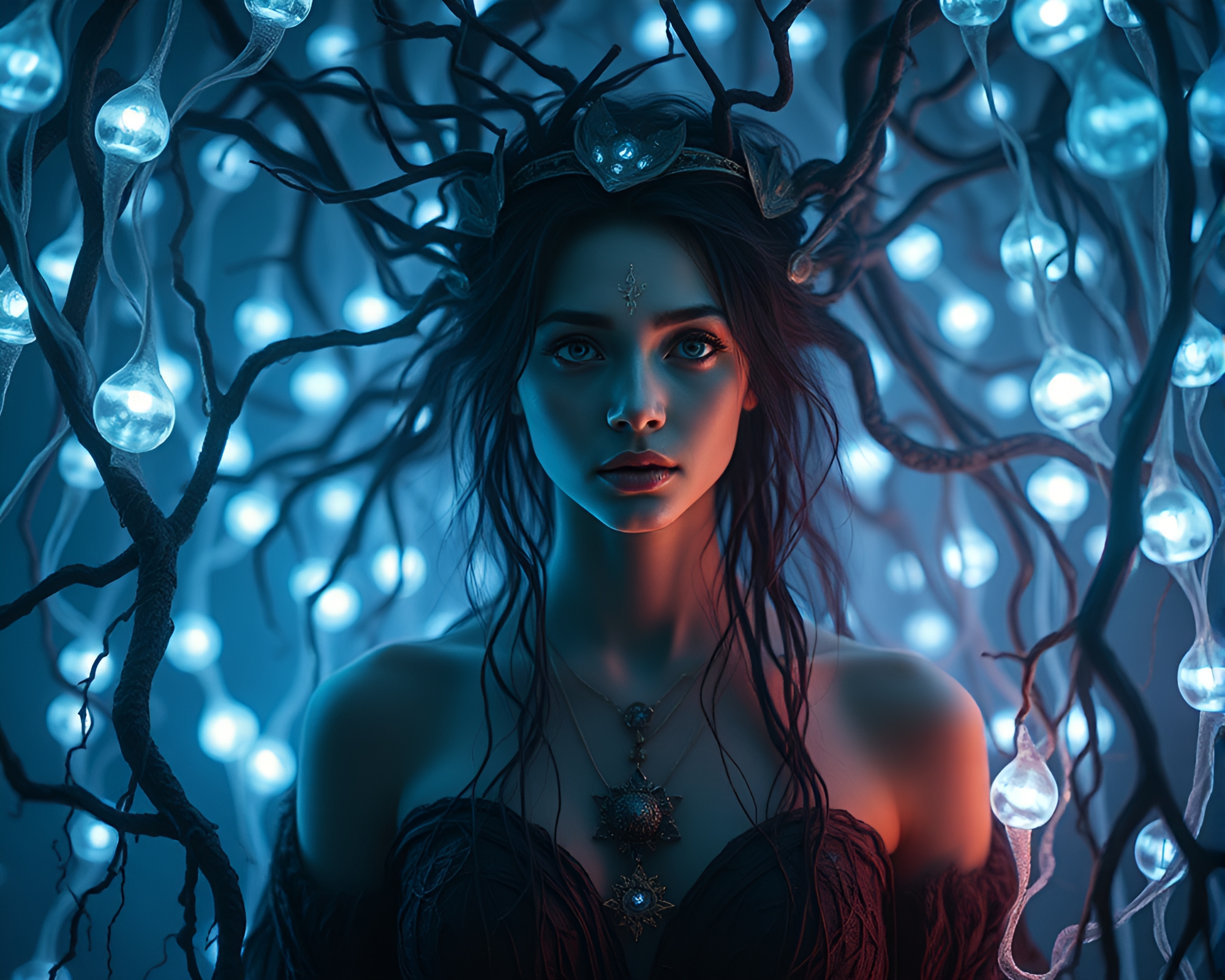 Enchanting Portrait of Mystical Being Surrounded by Bioluminescent Roots – free AI stock image