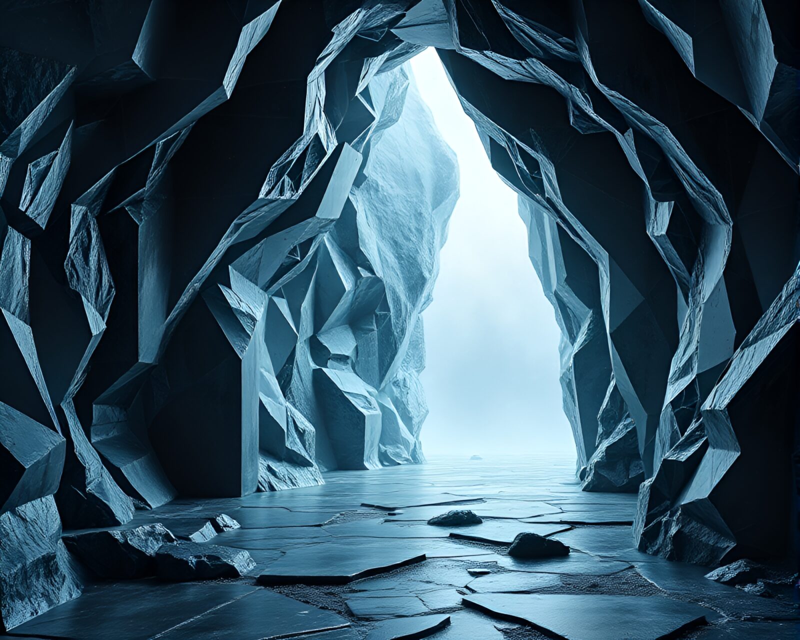 Artistic interpretation of ice cavern with geometric patterns
