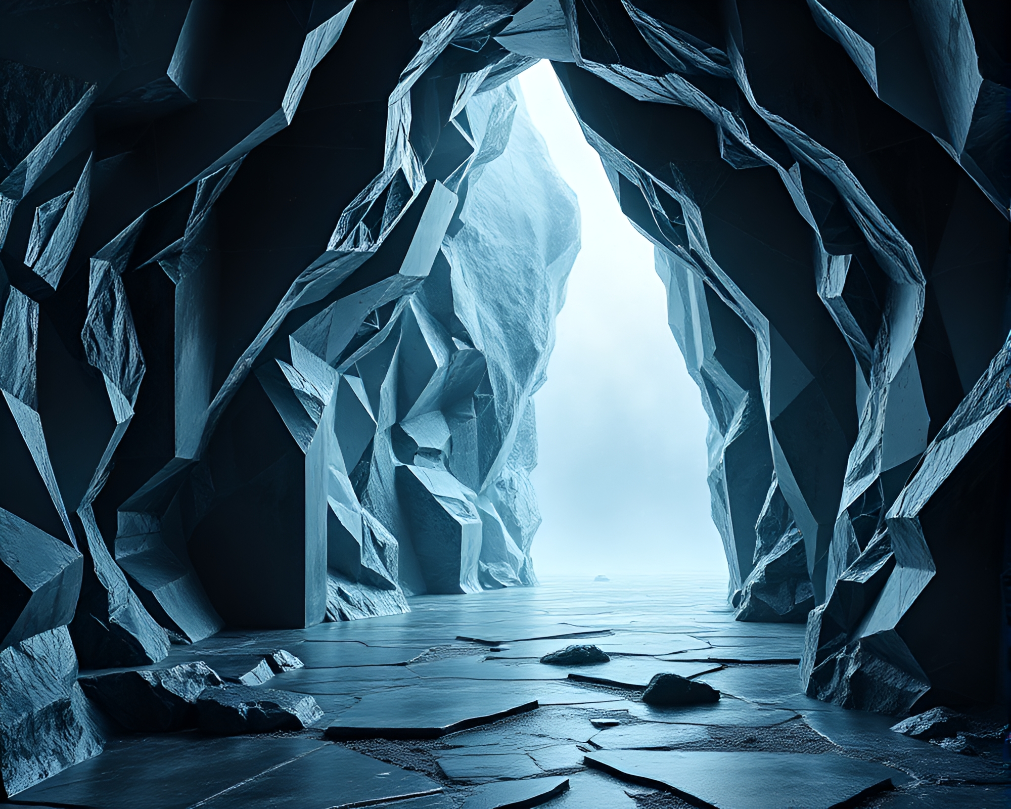 Melancholic Cubism-Inspired Ice Prism Cavern Artwork – free AI stock image