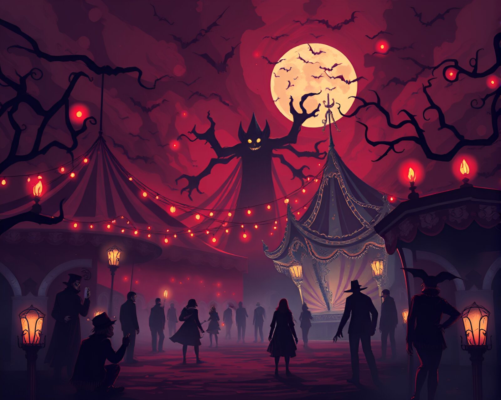 Dark, eerie carnival with spectral beings in vector art