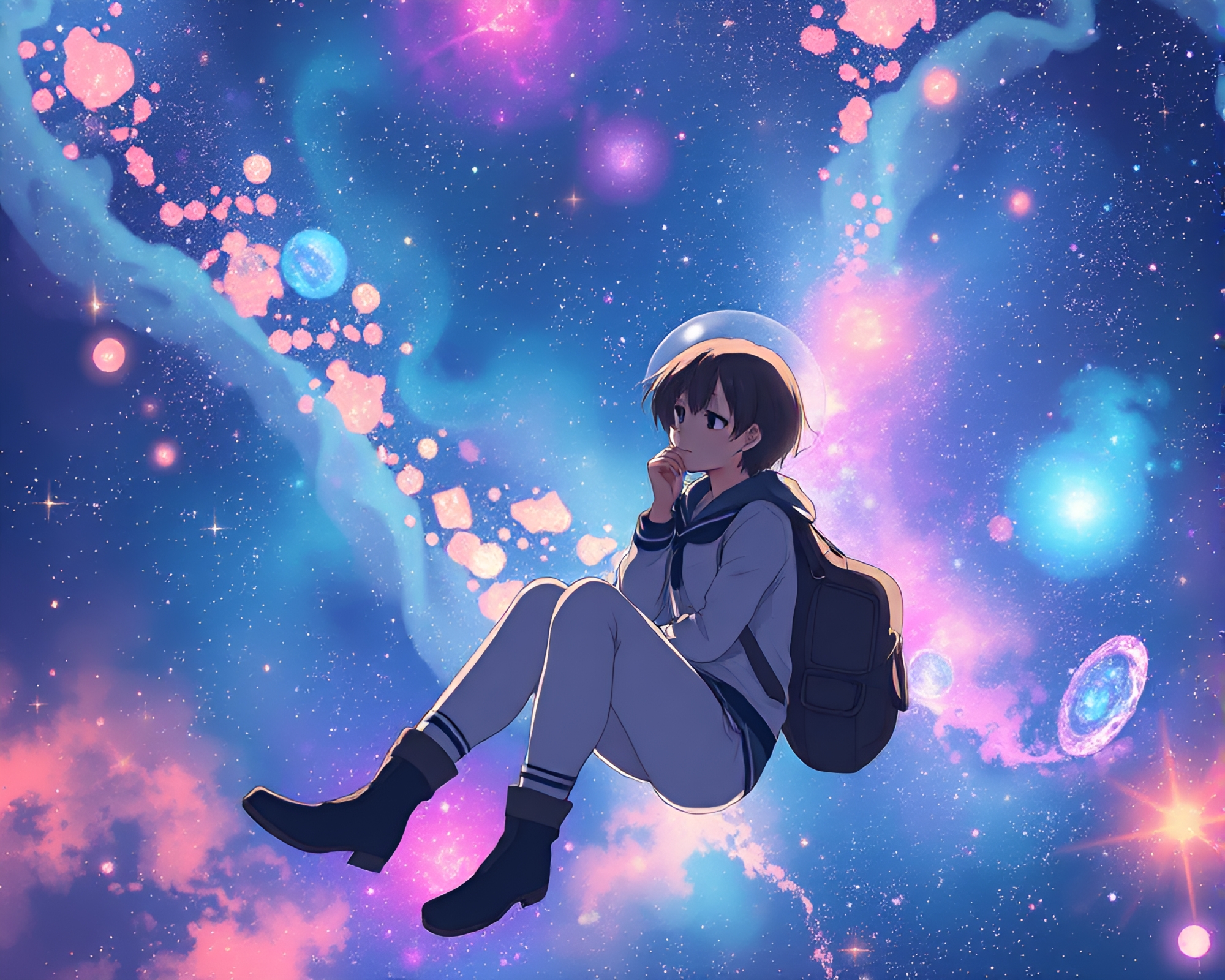 Serene Anime Character Contemplating in Zero Gravity Space – free AI stock image