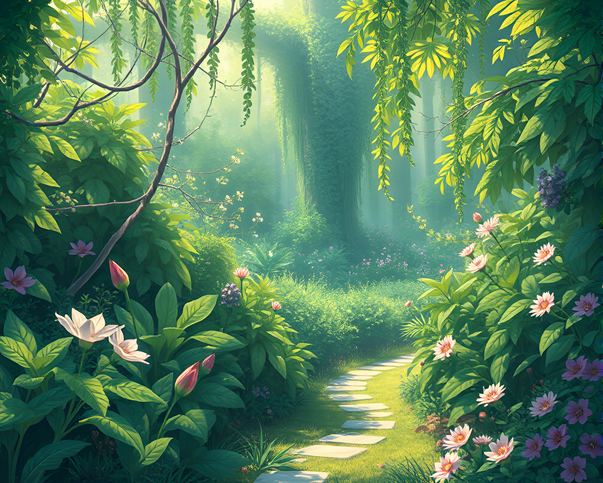 Ethereal Tranquil Garden Illustration with Lush Botanical Overgrowth – free AI stock image