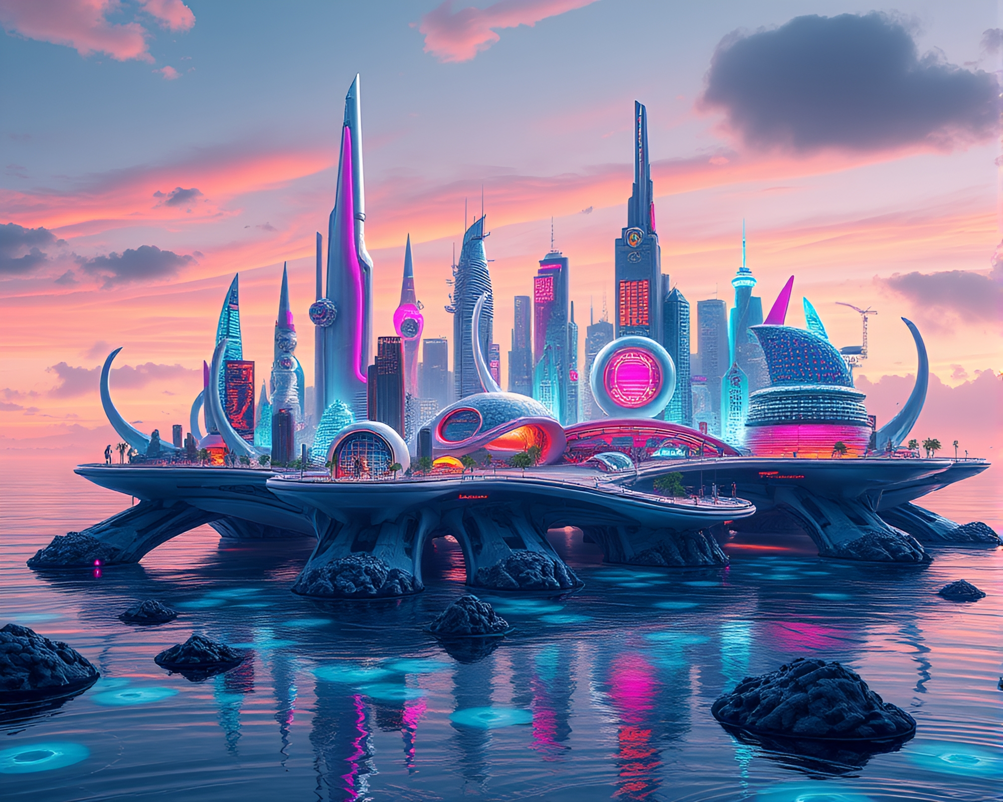 Futuristic City on Floating Island Archipelago – free AI stock image