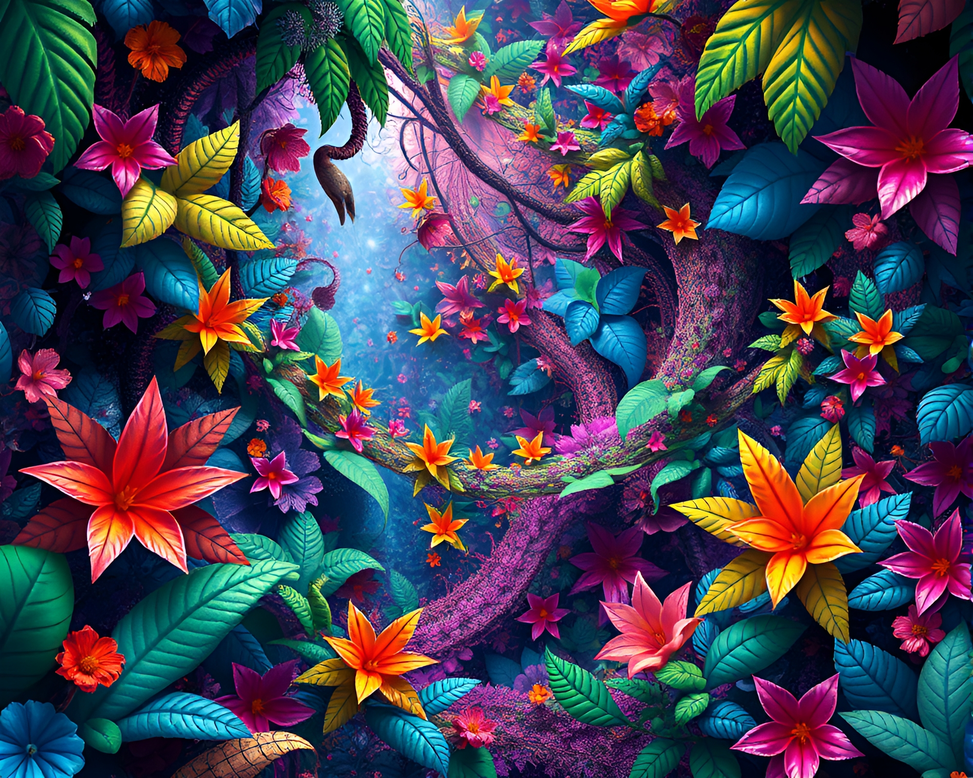 Mesmerizing Fractal Jungle with Colorful Flora and Fauna – free AI stock image
