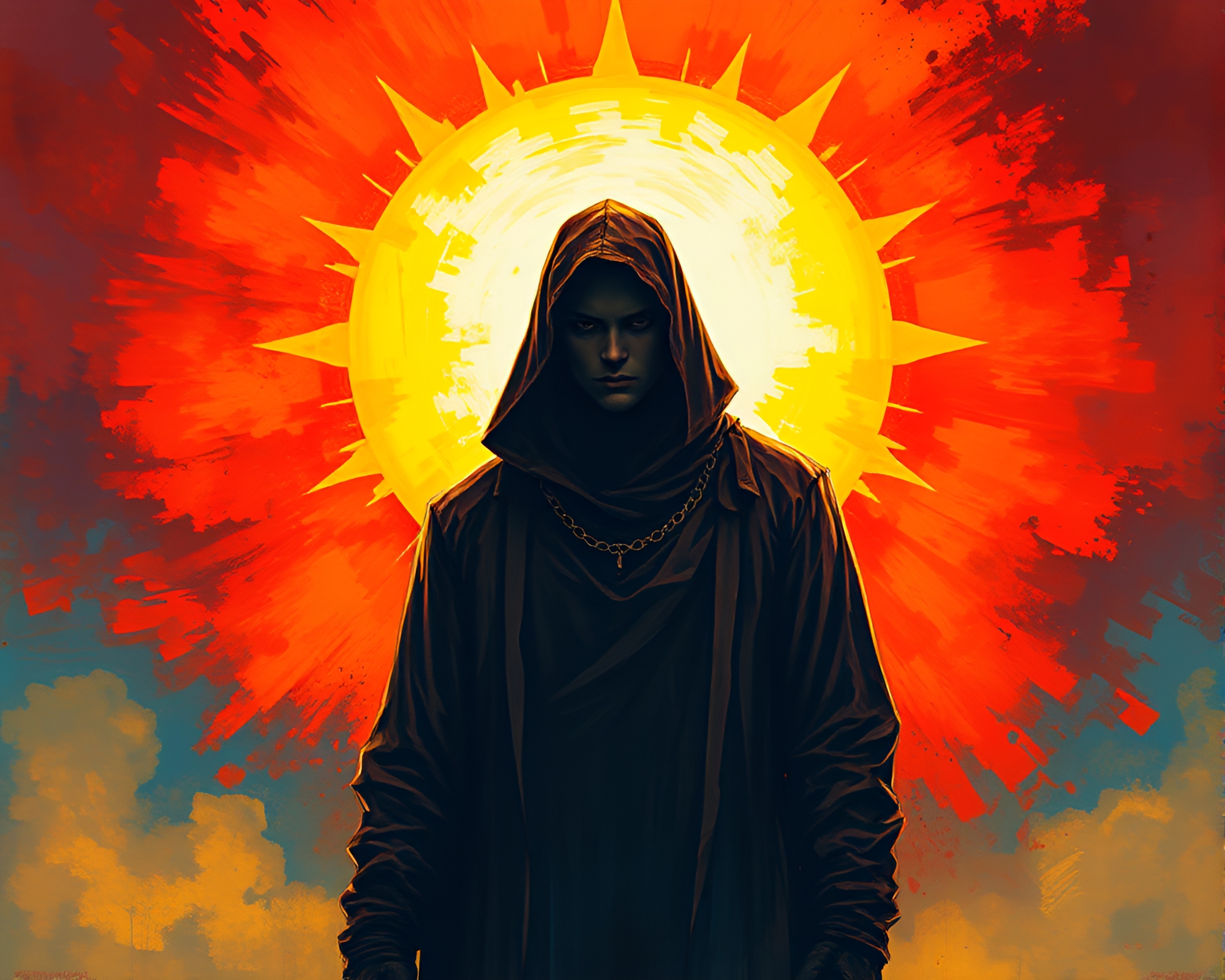 Brooding Figure Overlooking Vivid Solar Flare – free AI stock image