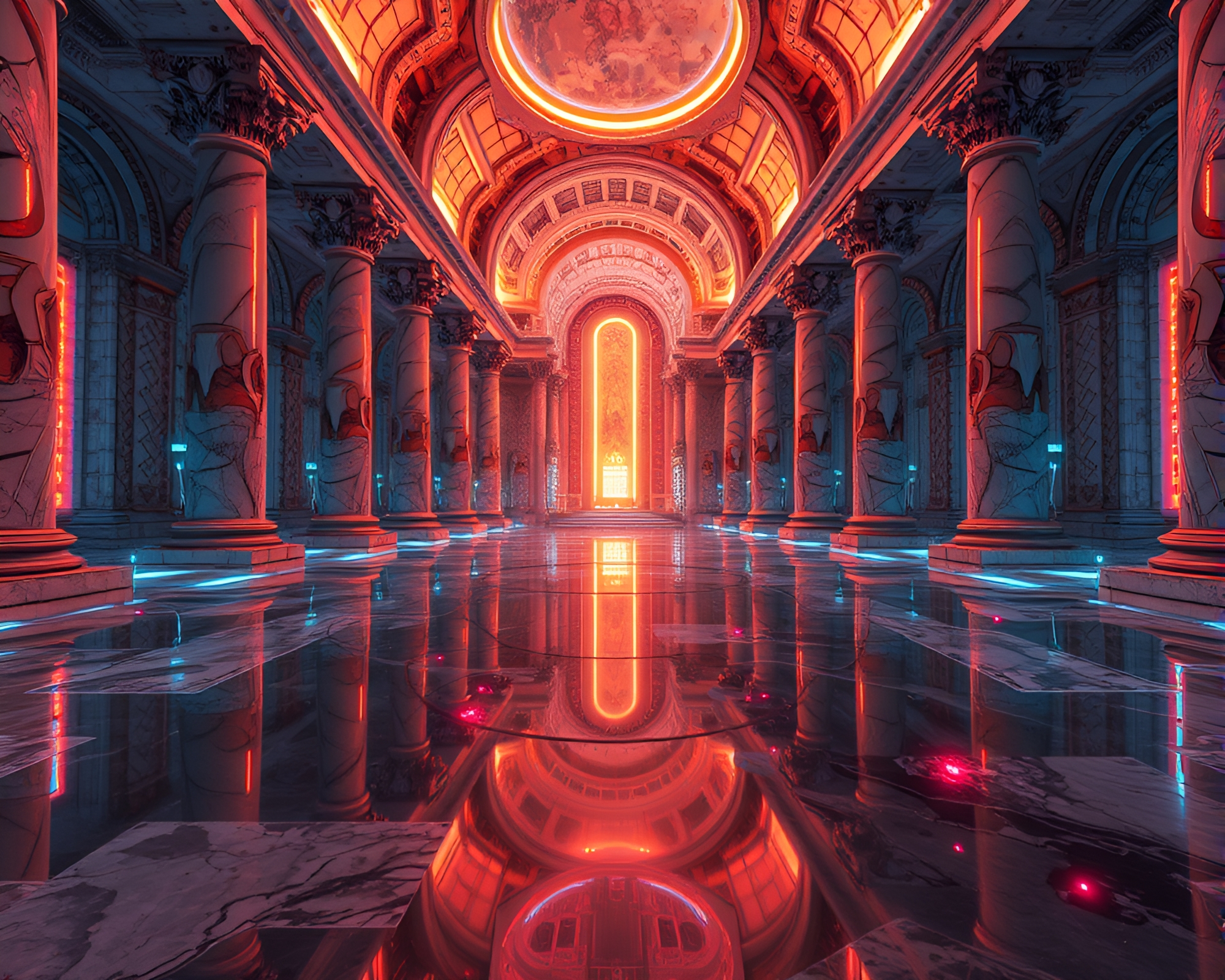 Futuristic VR Game Concept in Reflective Marble Palace – free AI stock image