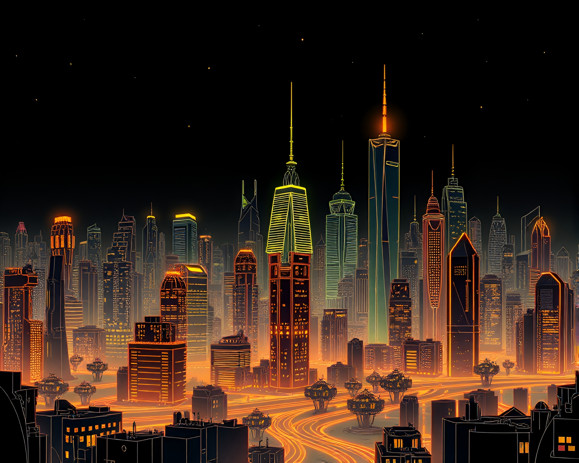 Bioluminescent Futuristic Cityscape Illuminated at Night – free AI stock image