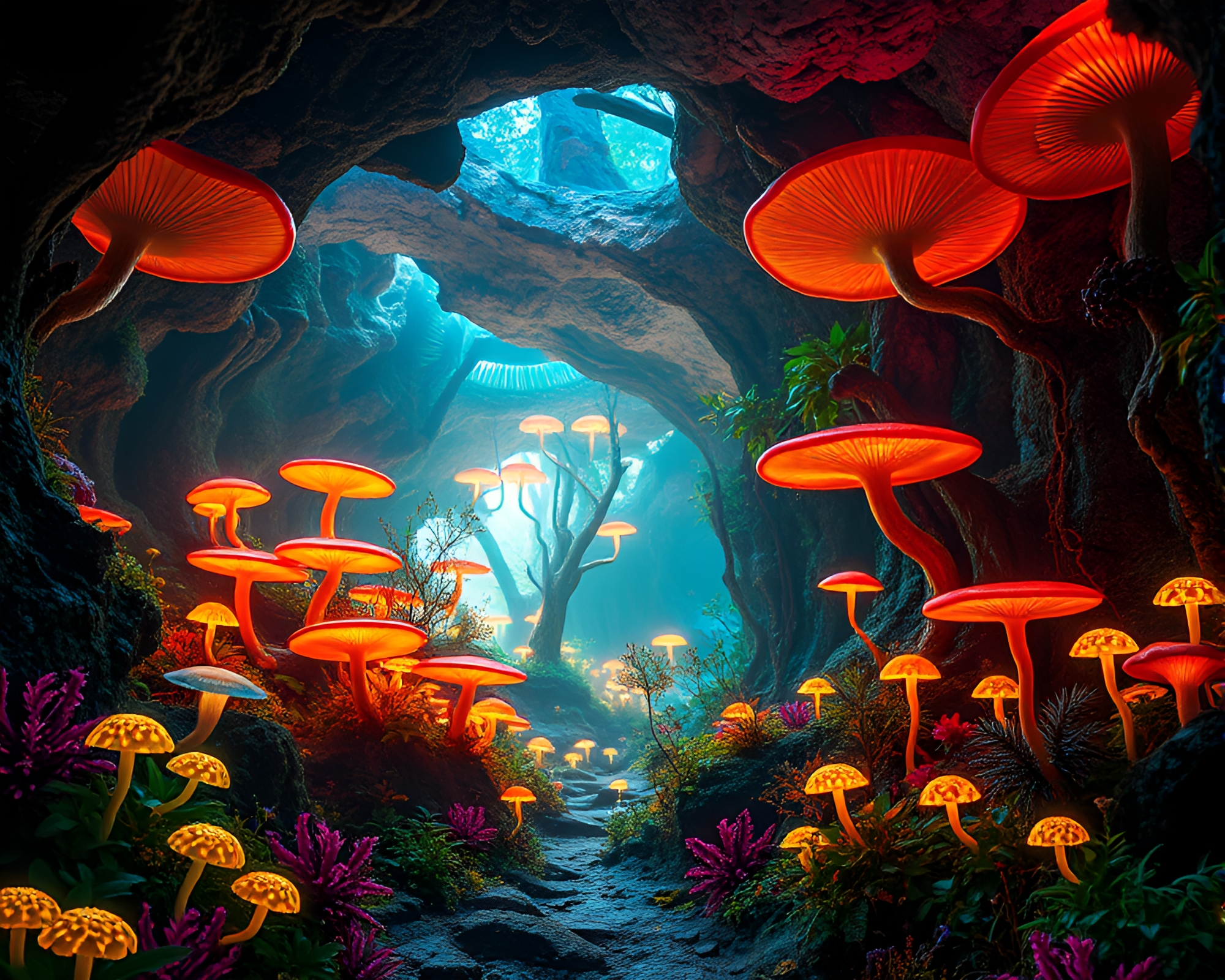 Enchanting Subterranean Forest Filled with Glowing Fungus – free AI stock image