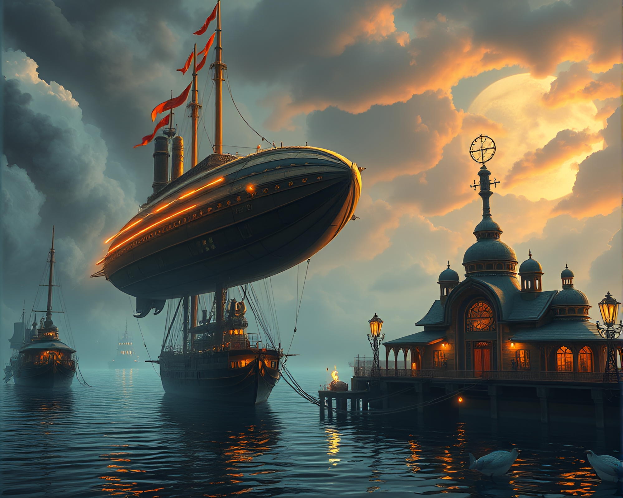 Steampunk Airship Docked at Mystical Art Deco Port – free AI stock image