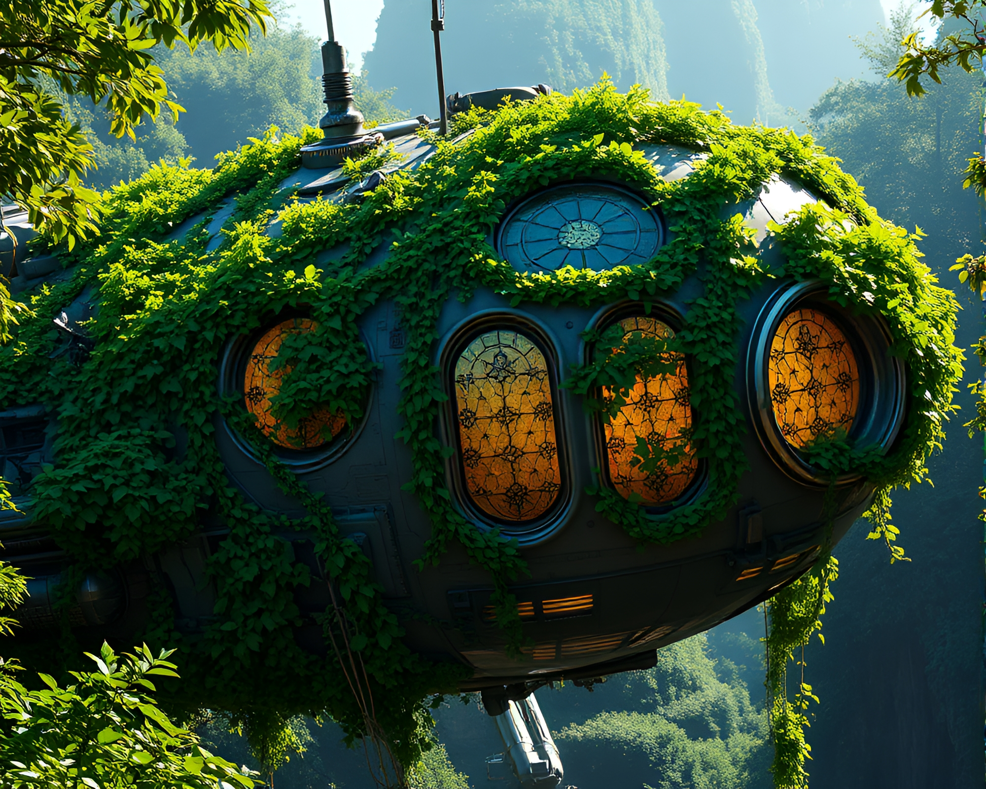 Futuristic Spaceship engulfed in Vibrant Green Ivy – free AI stock image