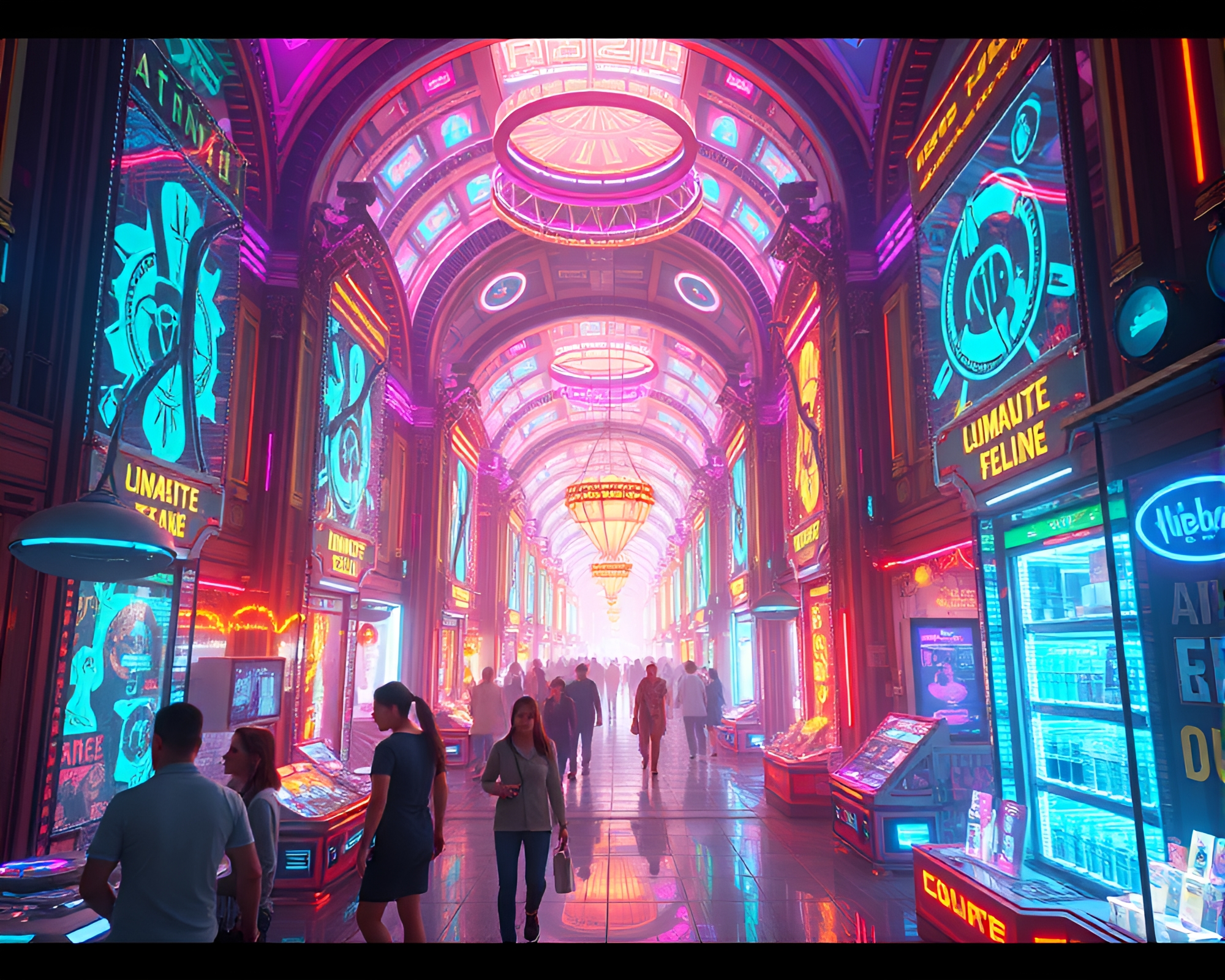 Futuristic Holographic Bazaar with Vibrant CGI Images – free AI stock image
