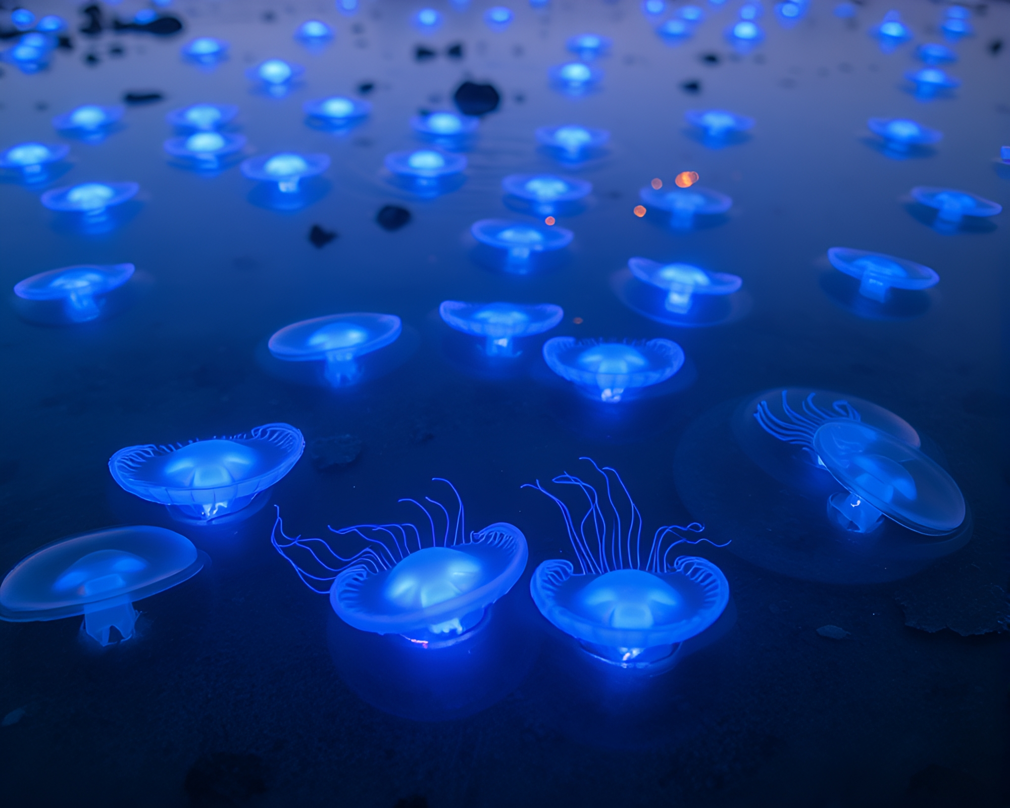 Enchanting Bioluminescent Jellyfish Floating in Serene Tide Pool – free AI stock image