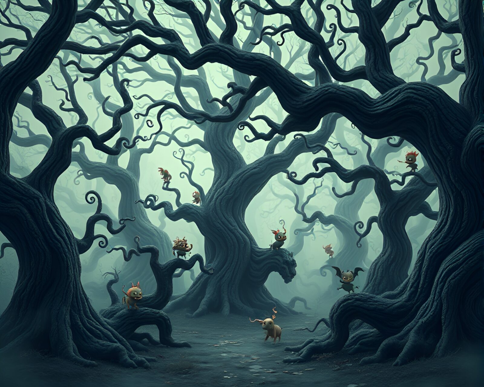 Spectral oak forest with whimsical 3D creatures playing