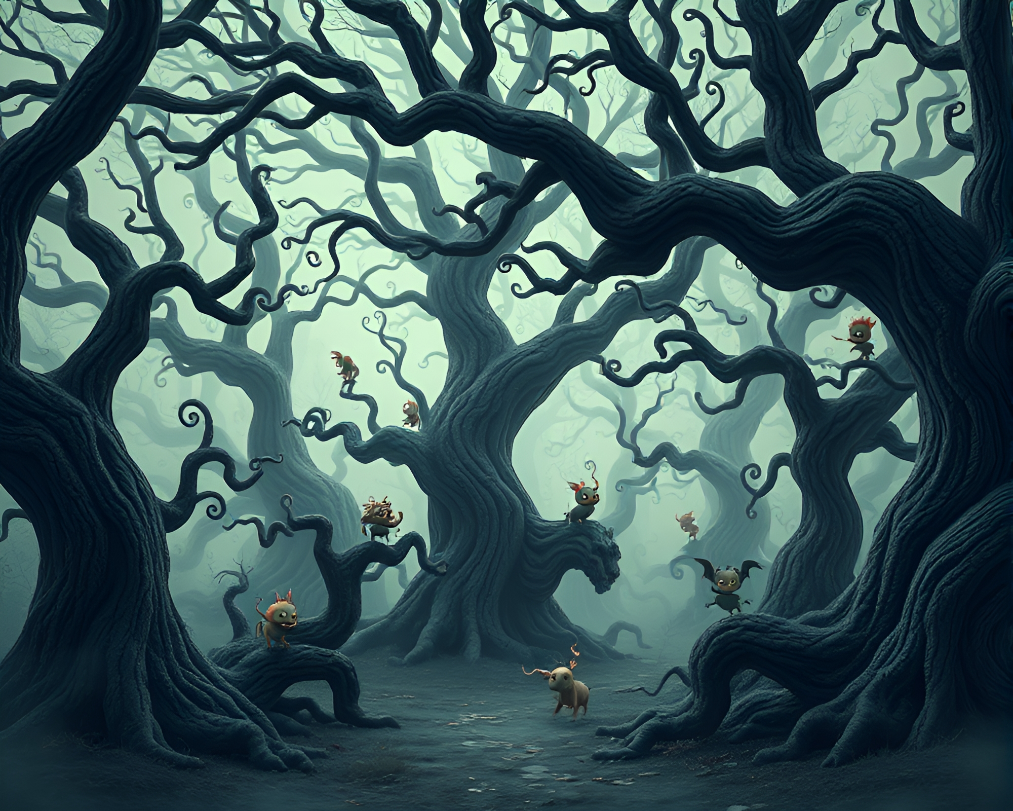 Whimsical 3D Creatures in Eerie Oak Forest – free AI stock image