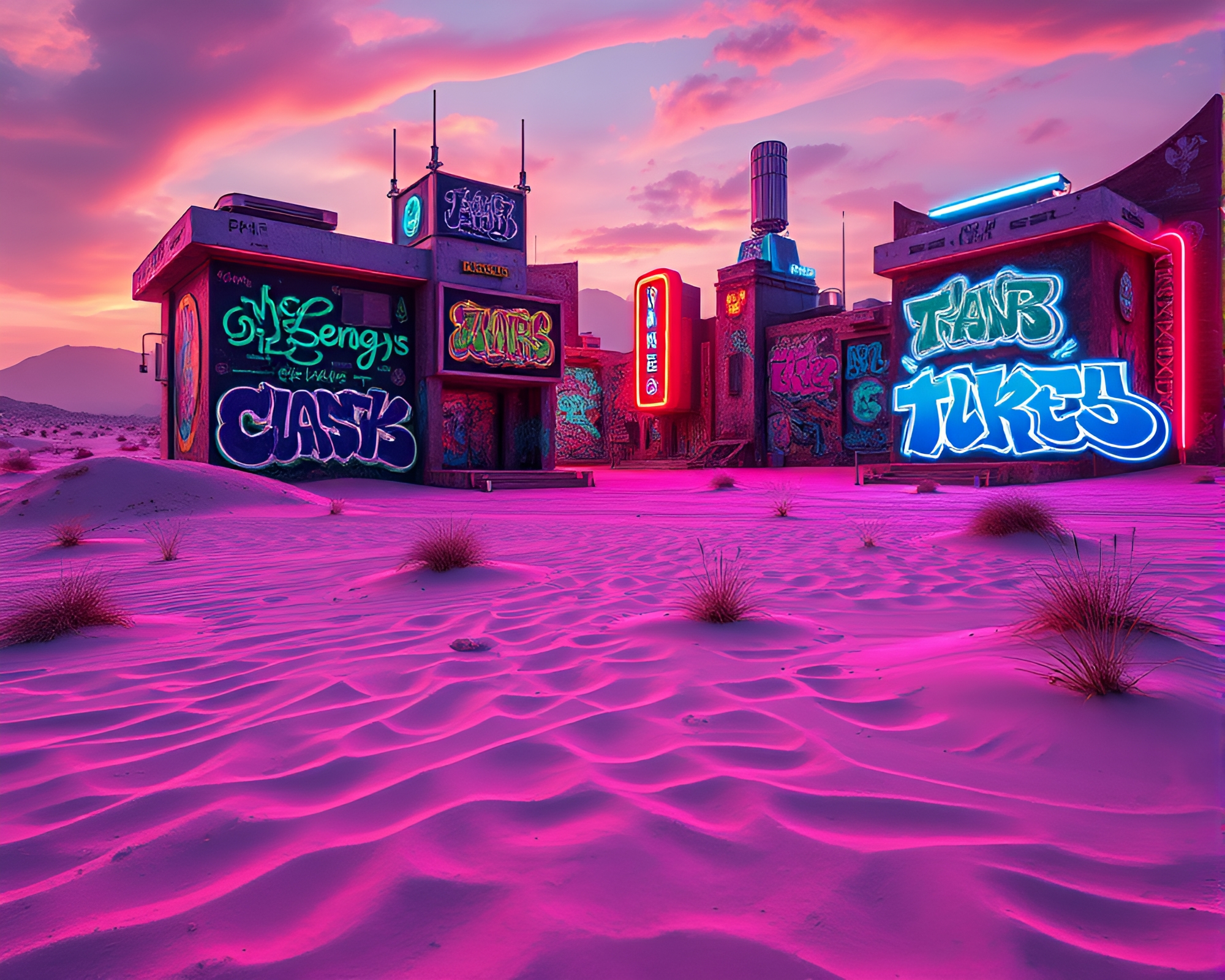 Neon Graffiti Art in Metallic Sand Desert Landscape – free AI stock image