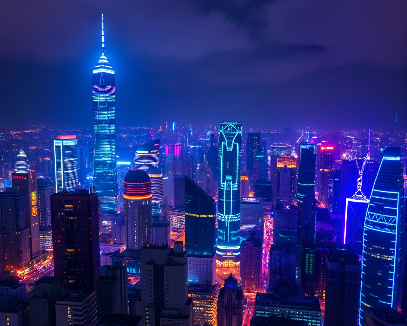 Vibrant skyscrapers emit bioluminescent glow over city in darkness