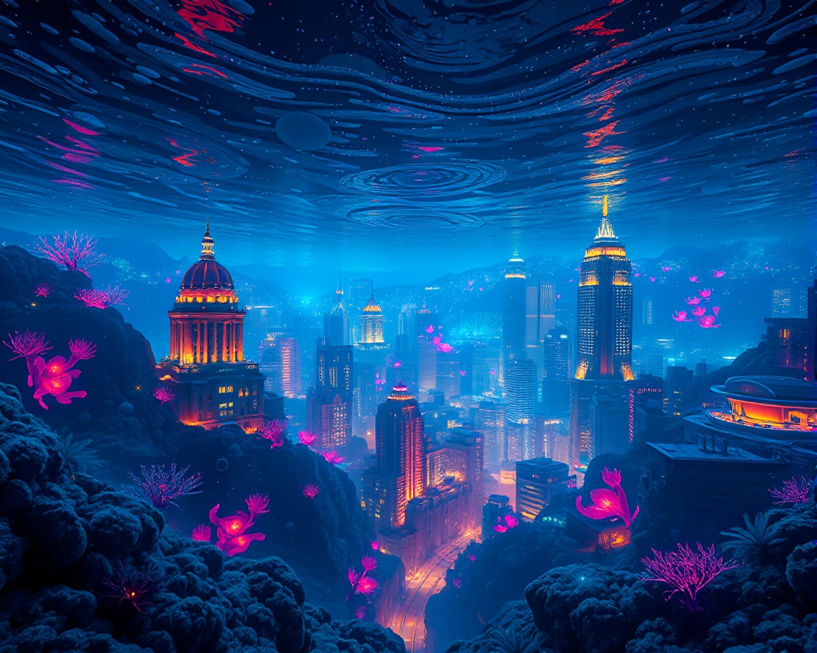 Vibrant underwater cityscape glowing with bioluminescent creatures at night