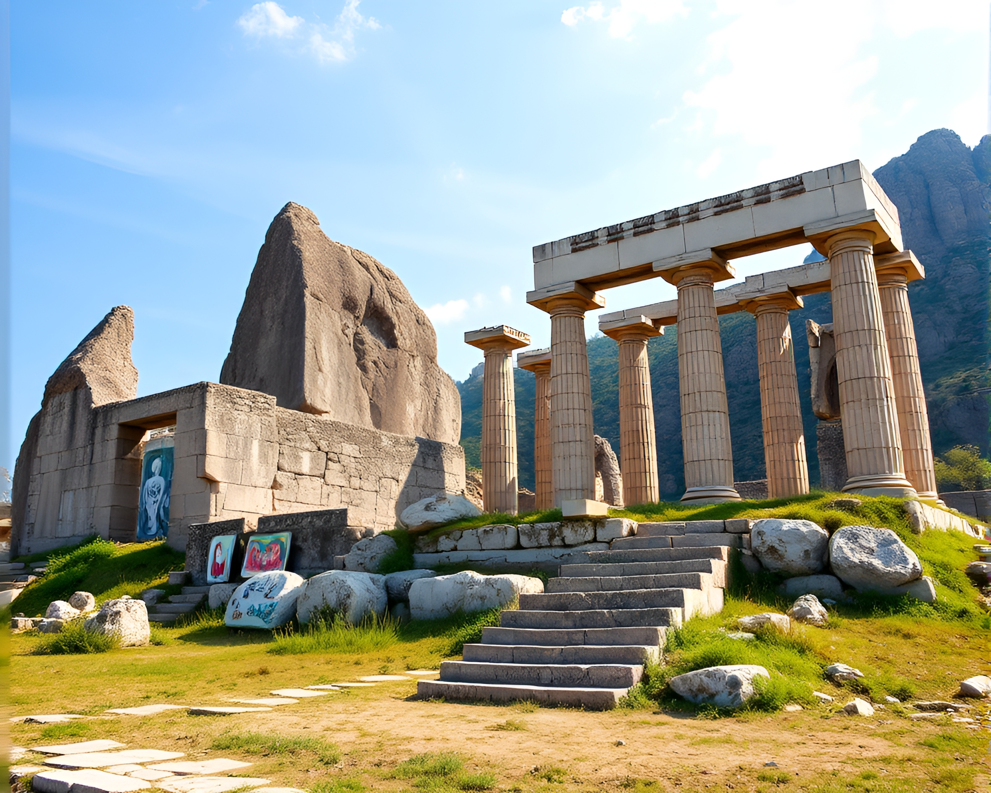 Ancient Monolithic Ruins Intertwined with Contemporary Art – free AI stock image