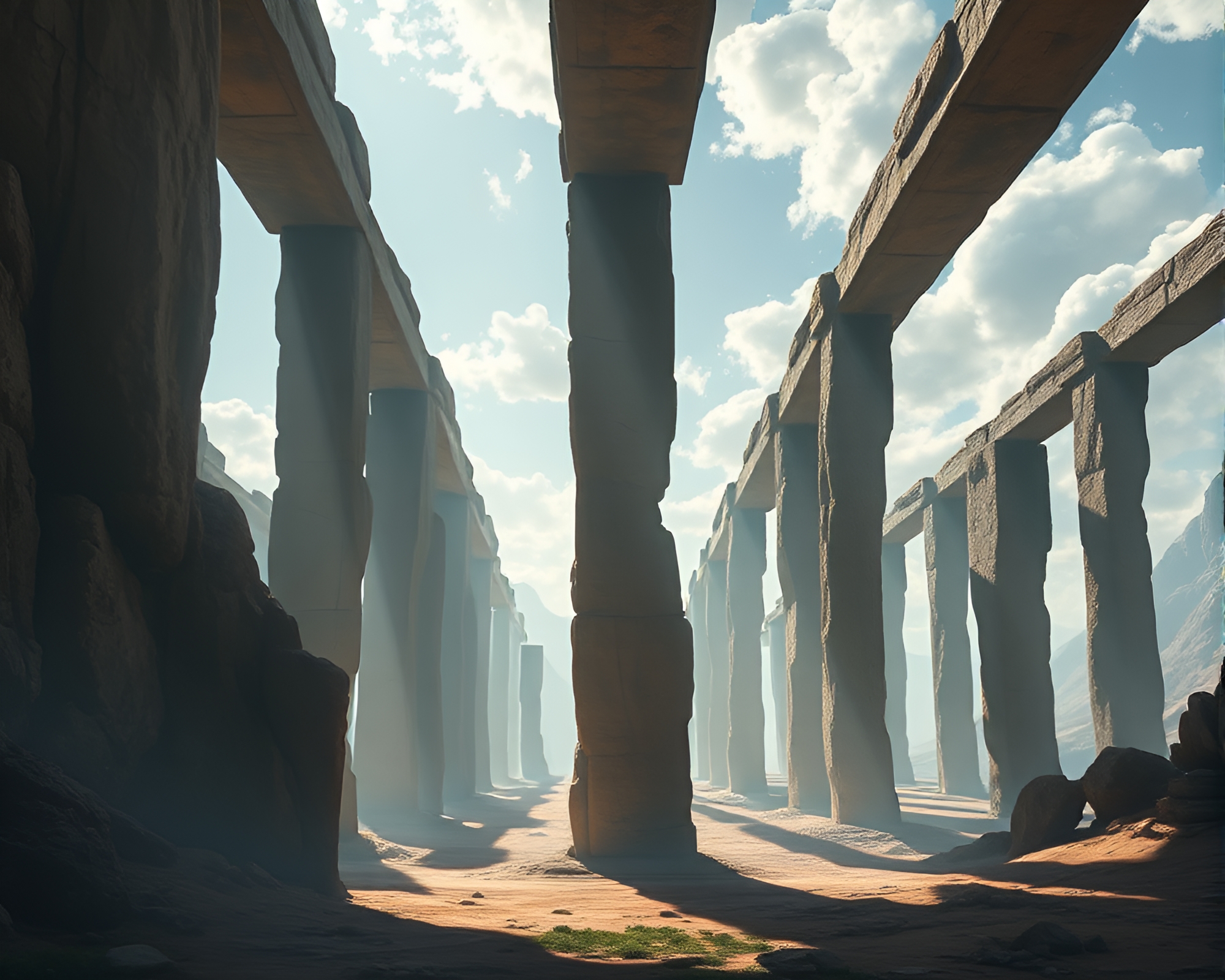 Majestic Monolithic Pillars in Enigmatic Landscape Illustration – free AI stock image