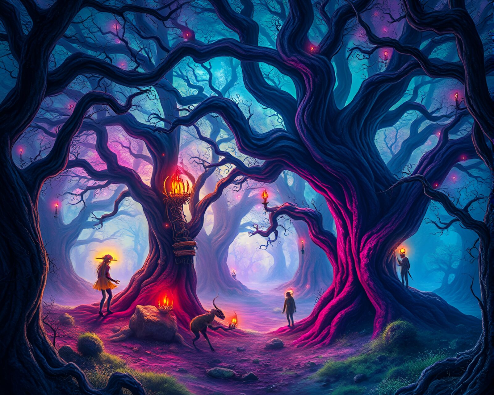 Vibrant spectral oak forest with surreal creatures in dreamlike setting