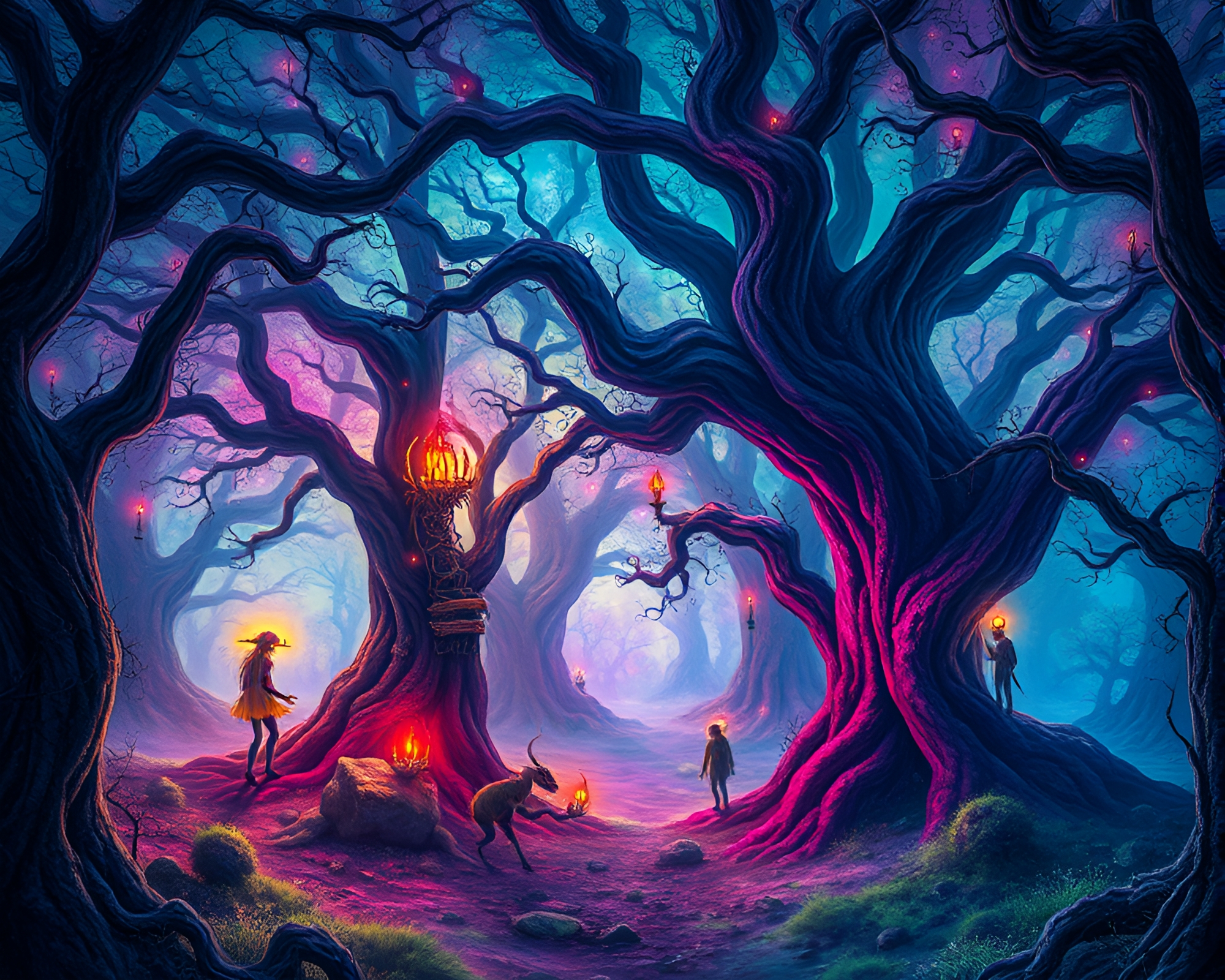 Spectral Oak Forest: Dreamlike Beauty and Surreal Creatures – free AI stock image