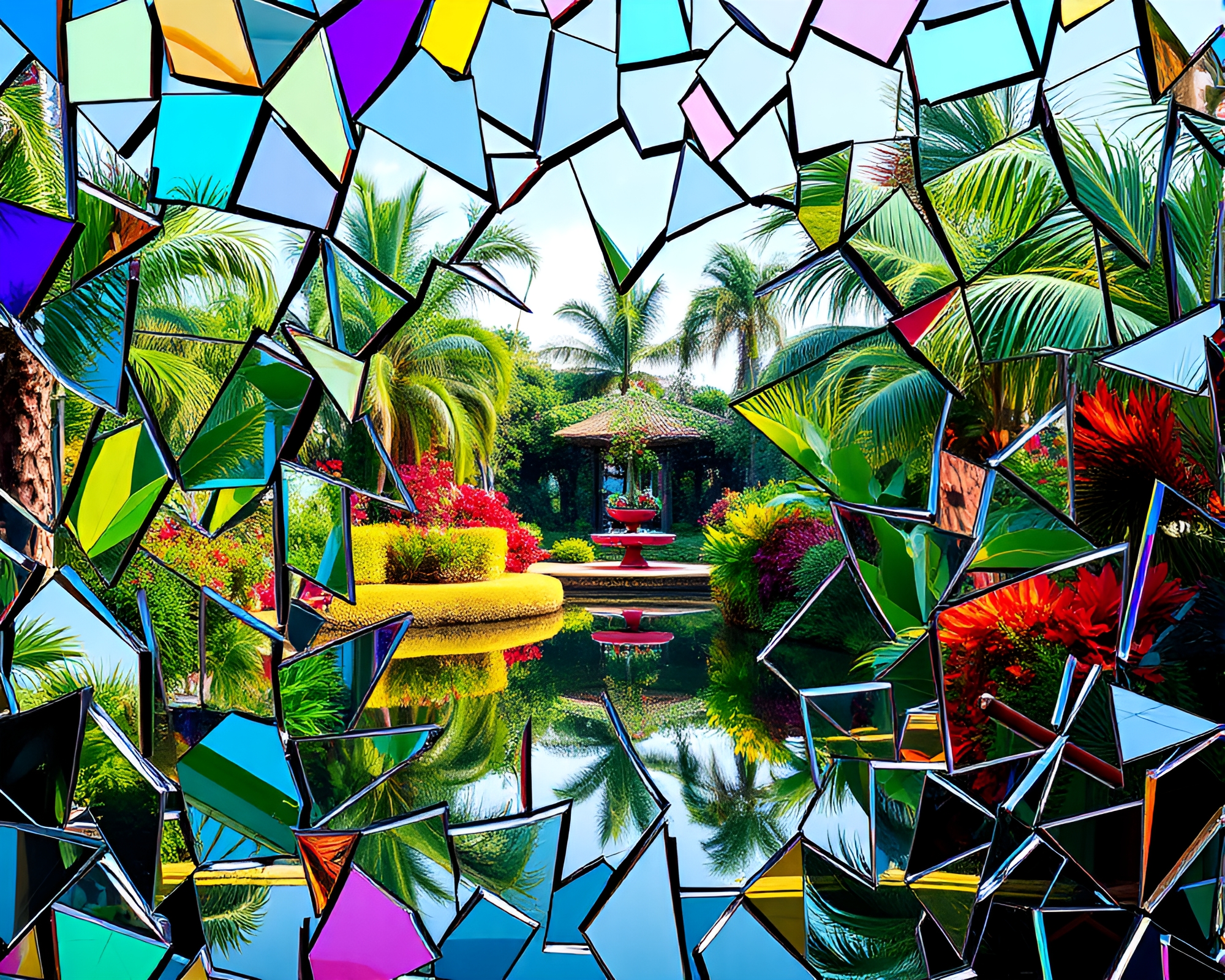 Shattered Mirror Reflecting Lush Garden Oasis in Graphic Design – free AI stock image