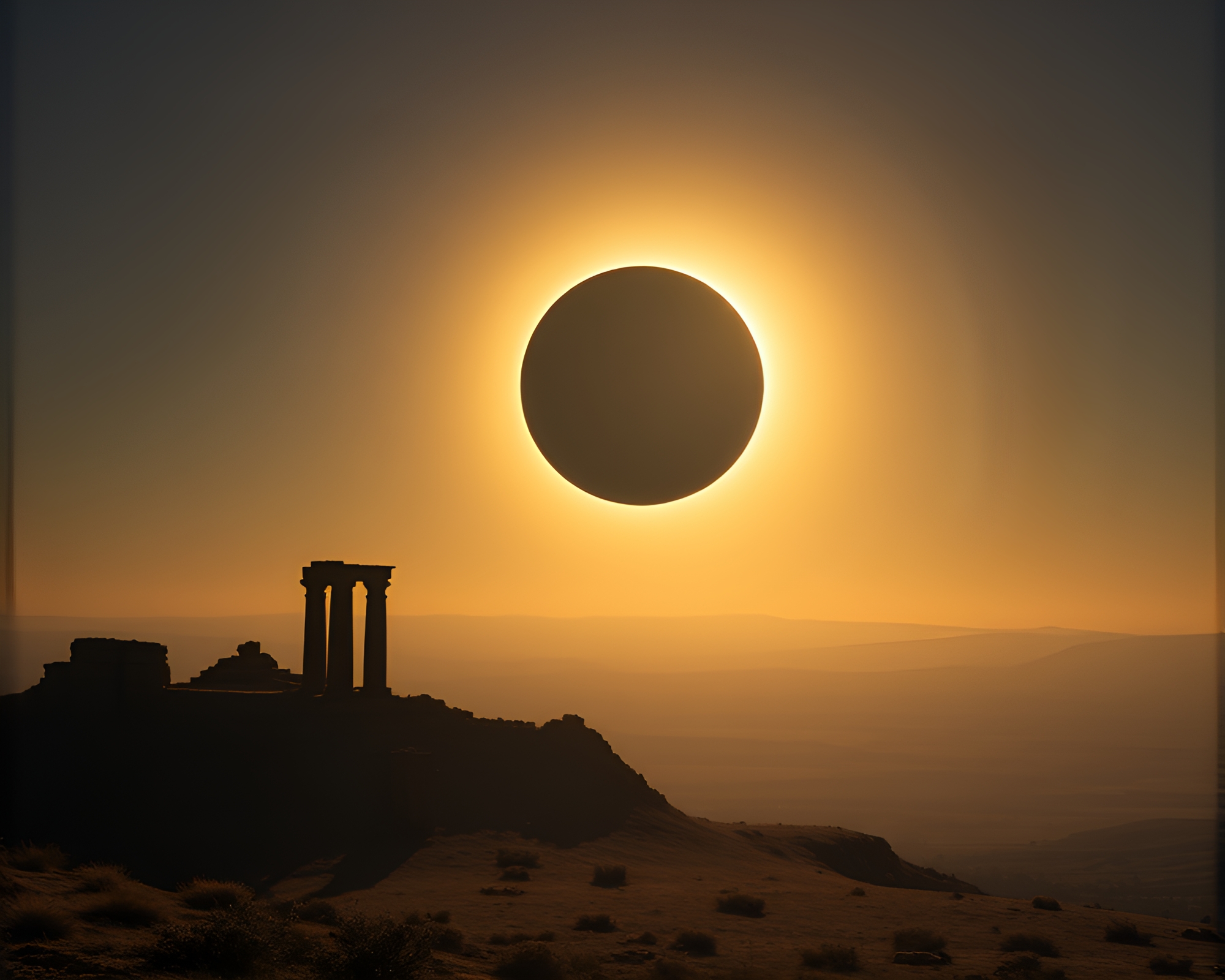 Ancient landscape under drifting solar eclipse’s melancholy beauty – free AI stock image