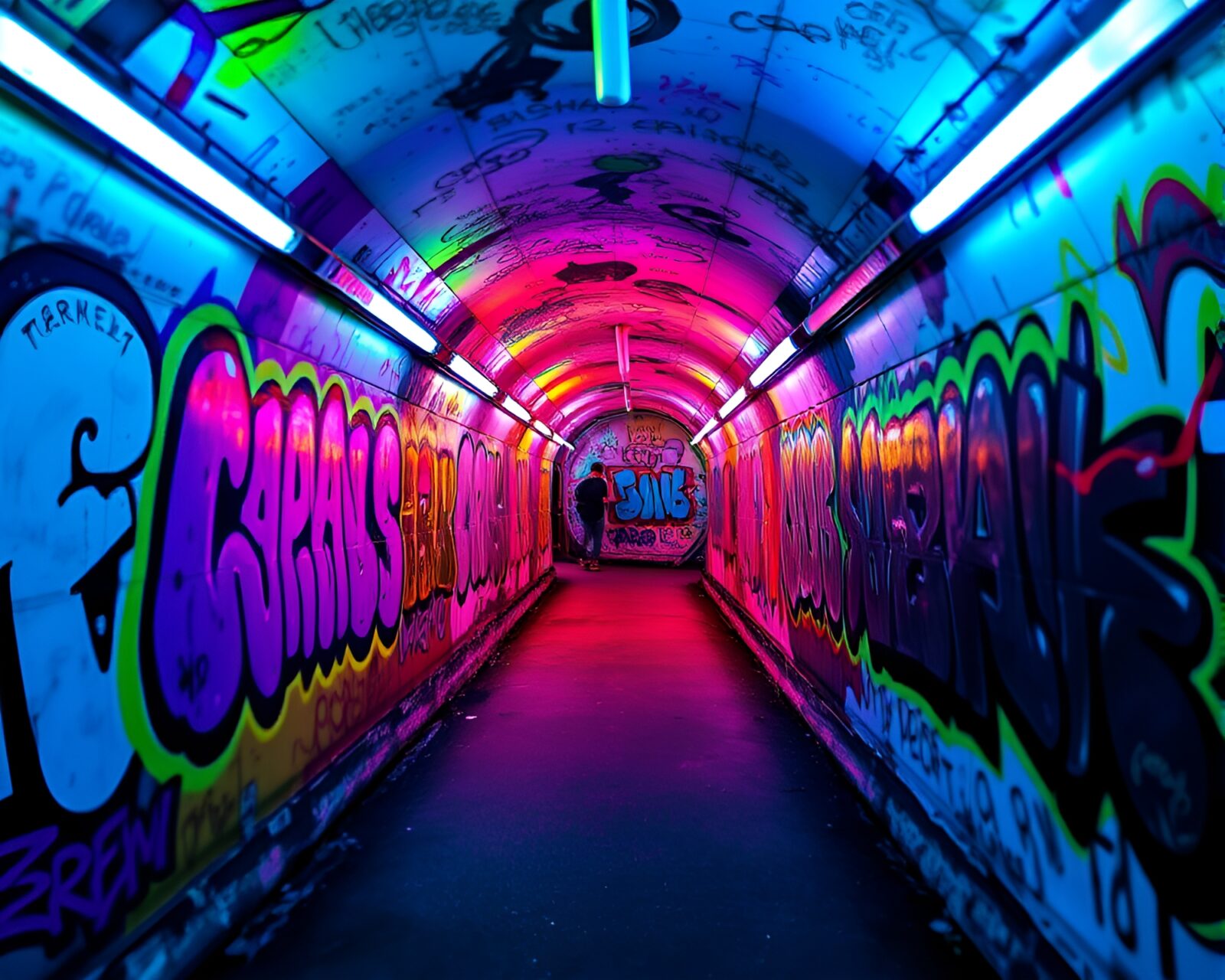 Colorful neon graffiti tunnel creating a tense atmosphere