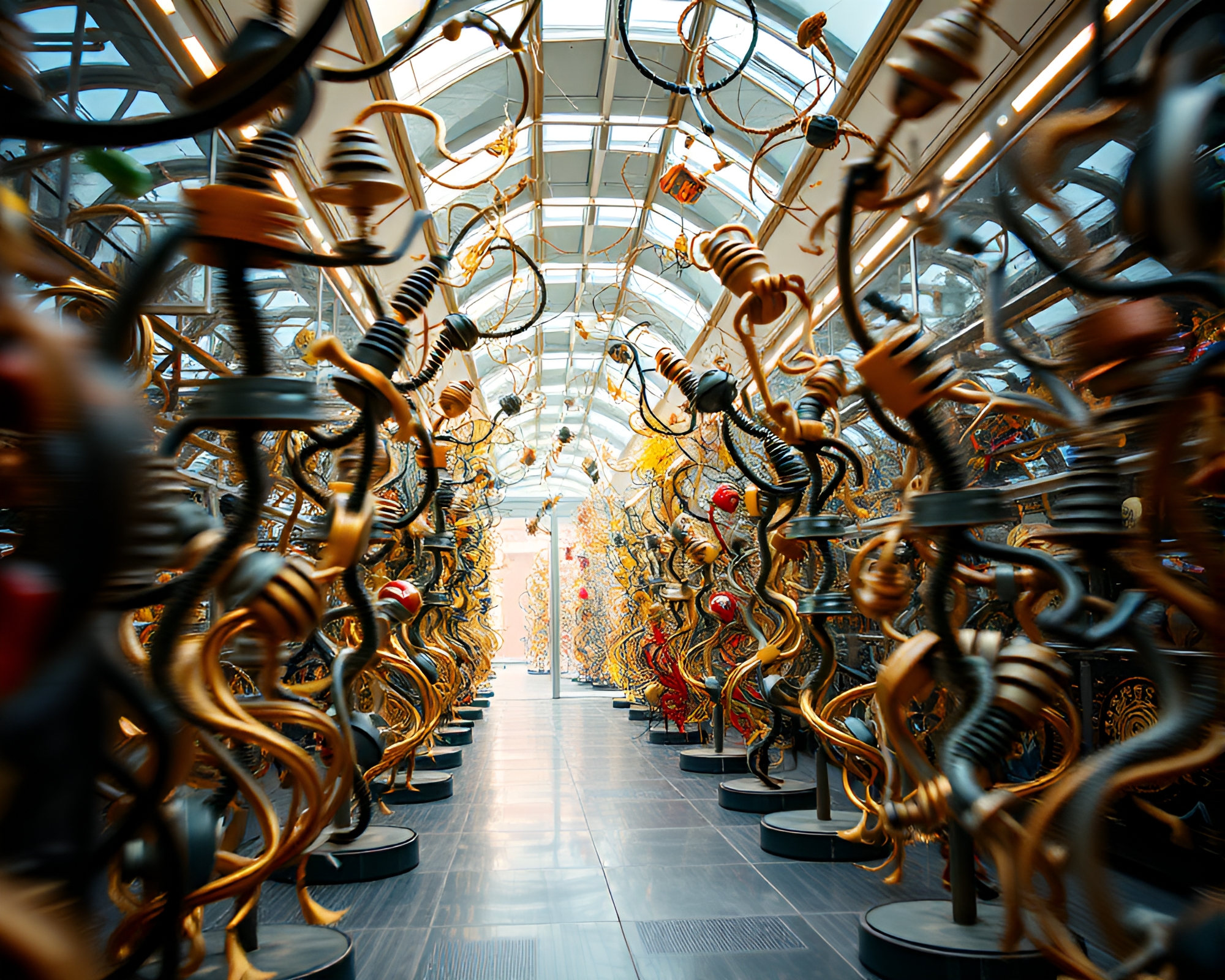 Frenetic Kinetic Sculptures in Time-Warp Corridor – free AI stock image
