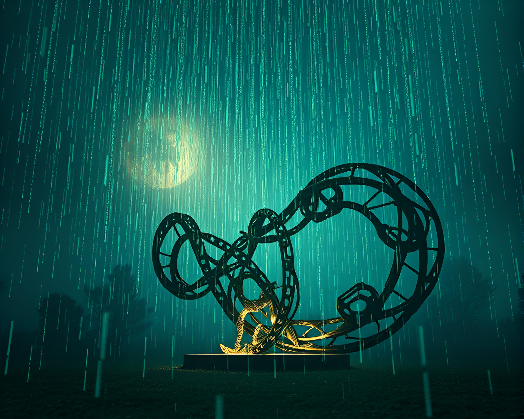 Binary Code Rain Surrounds Kinetic Emotion Sculpture – free AI stock image