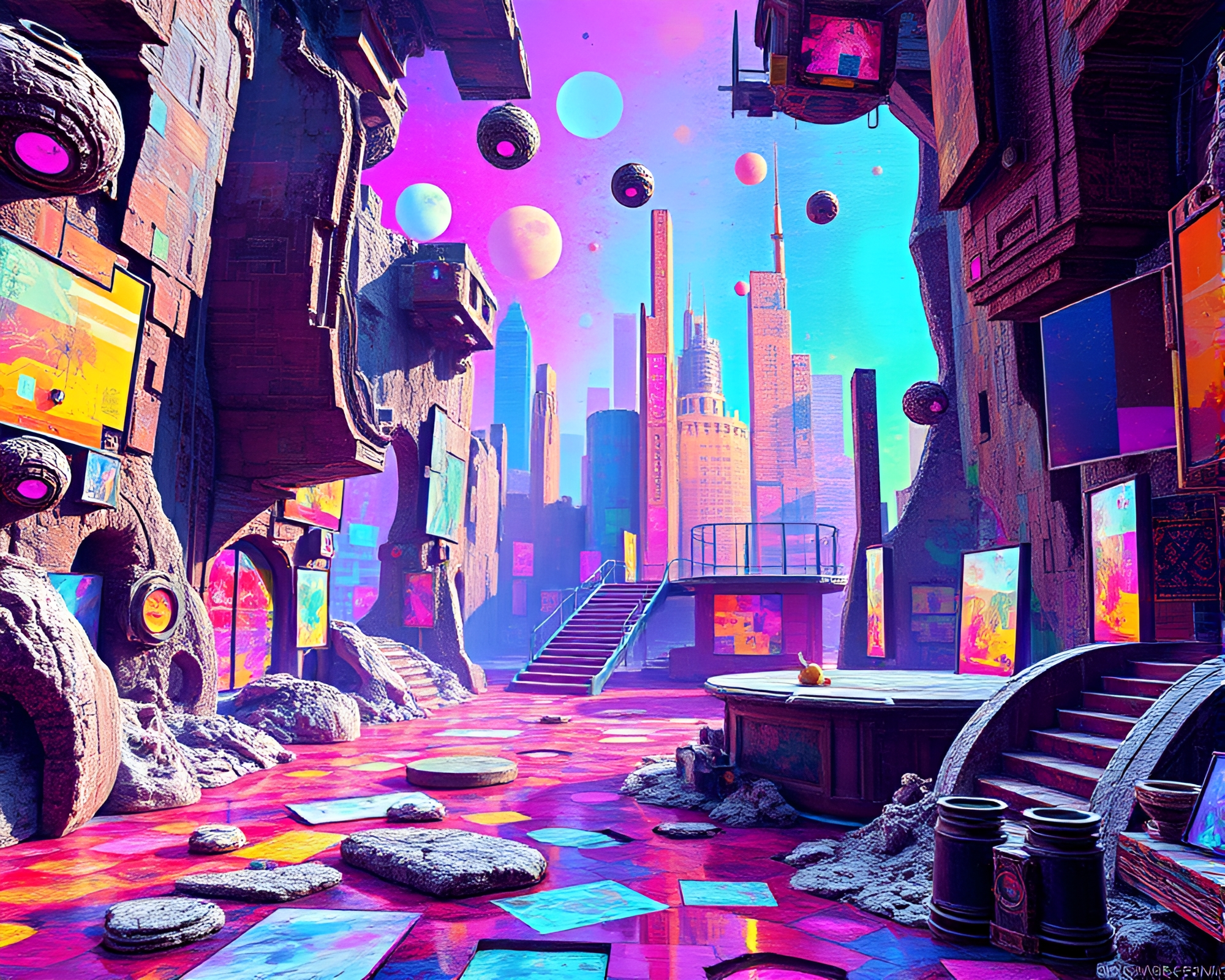 Vibrant glitch art memory palace with surreal elements – free AI stock image