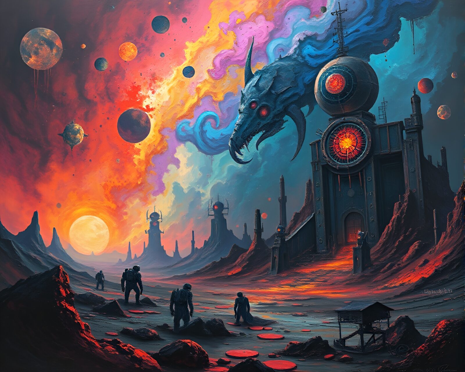 Dark futuristic landscape with swirling vibrant hues and unknown creatures