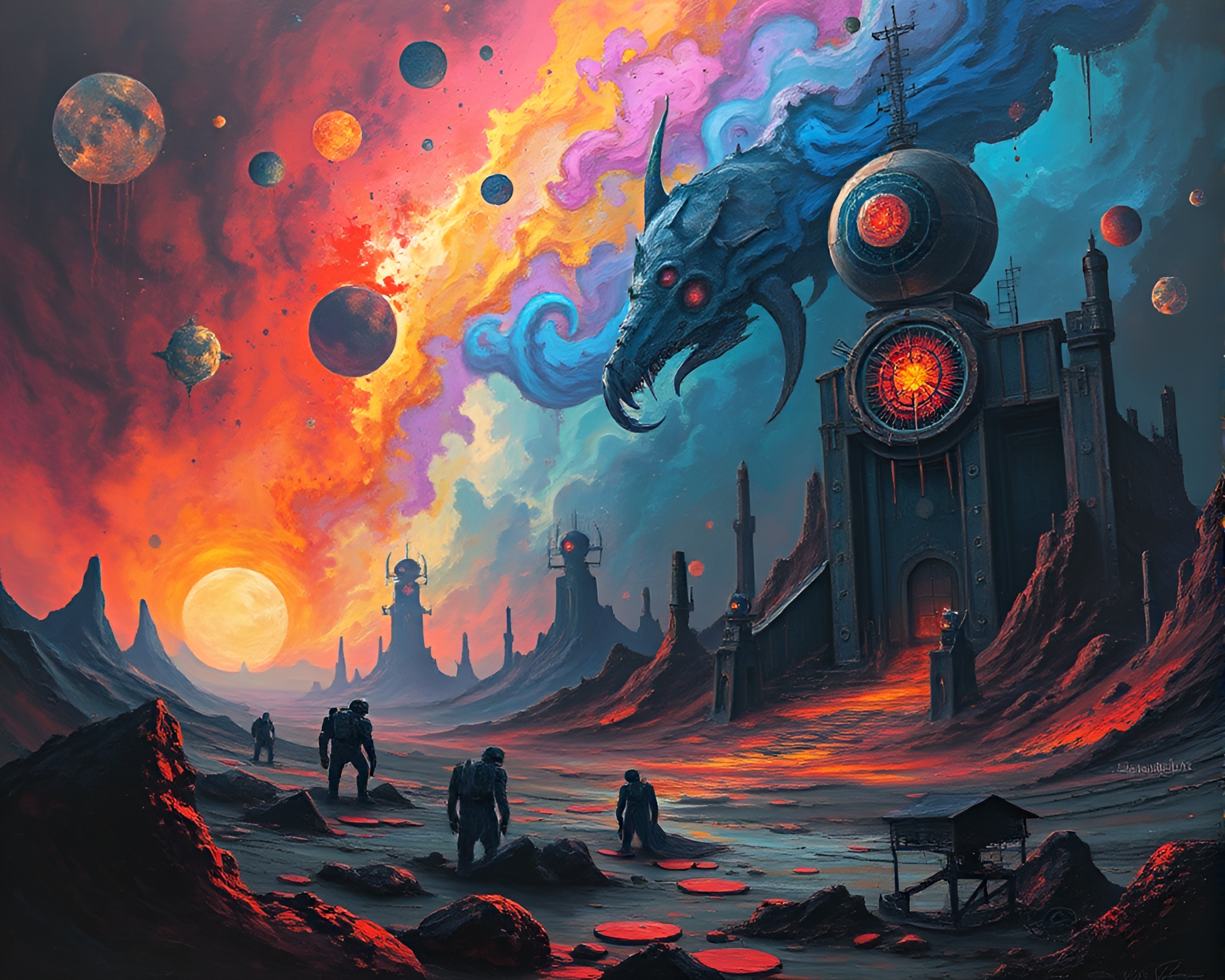 Vibrant Dystopian Oil Painting in Kaleidoscopic Dimensions – free AI stock image