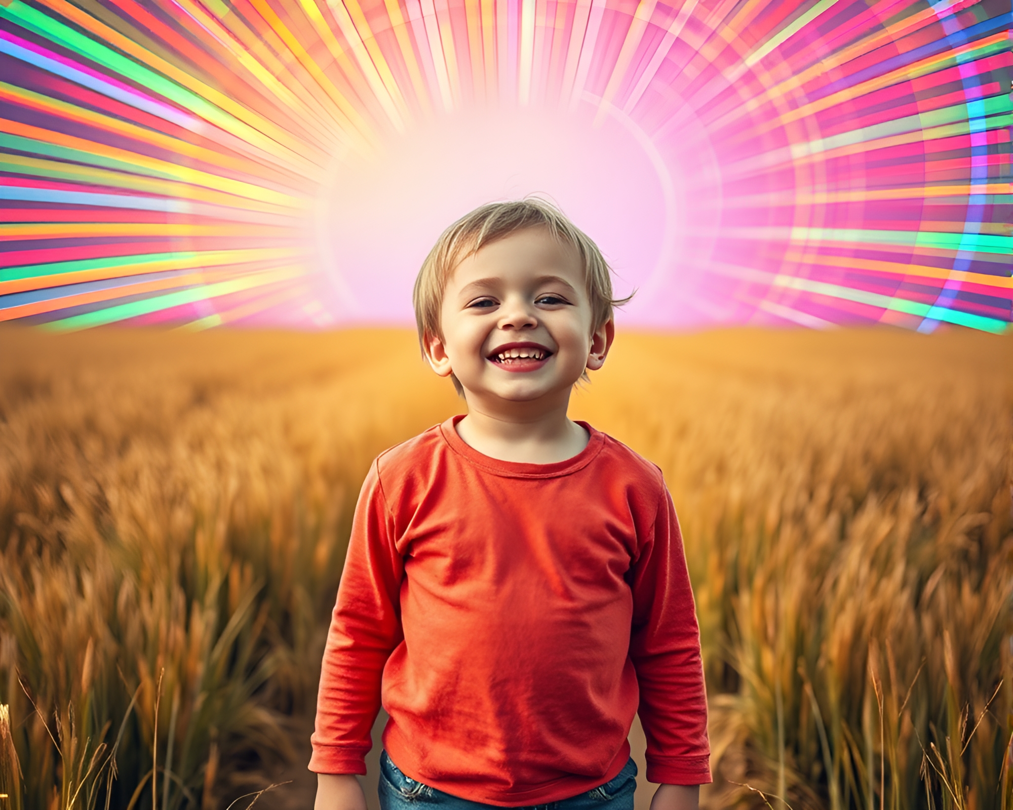 Joyful Child in Vibrant Magnetic Field Landscape – free AI stock image