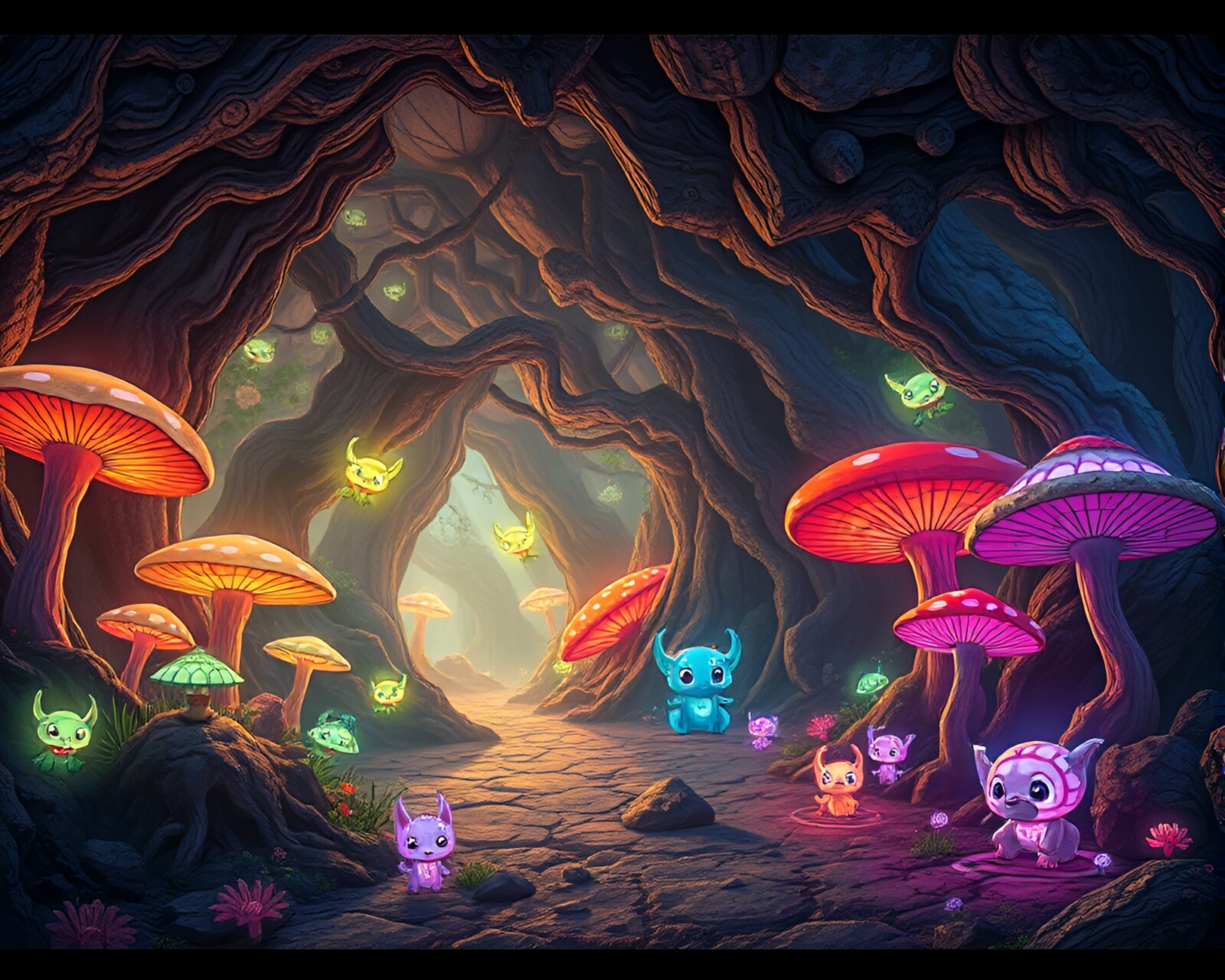 Enchanting image of an underground forest with glowing mushrooms