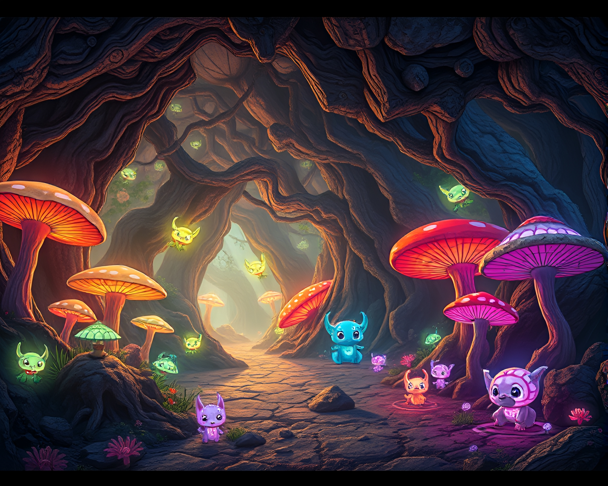 Futuristic Underground Forest with Glowing Mushrooms and Creatures – free AI stock image