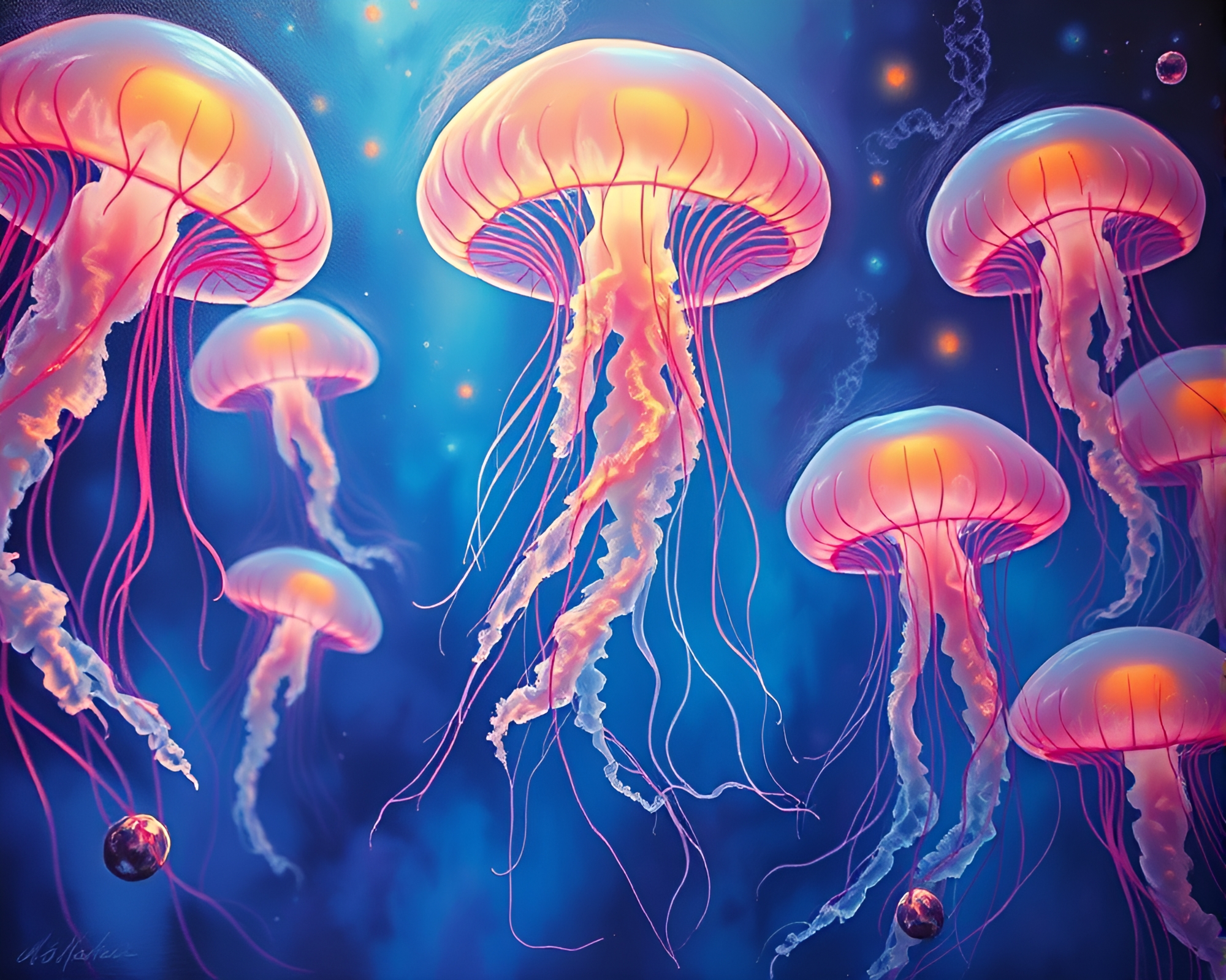 Luminous Jellyfish Ballet in Vivid Ocean Depths Painting – free AI stock image