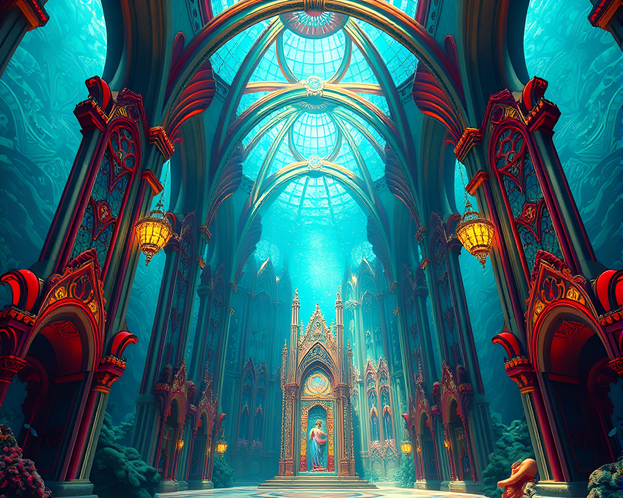 Submerged Cathedral: Vibrant Art Deco Architecture Underwater – free AI stock image