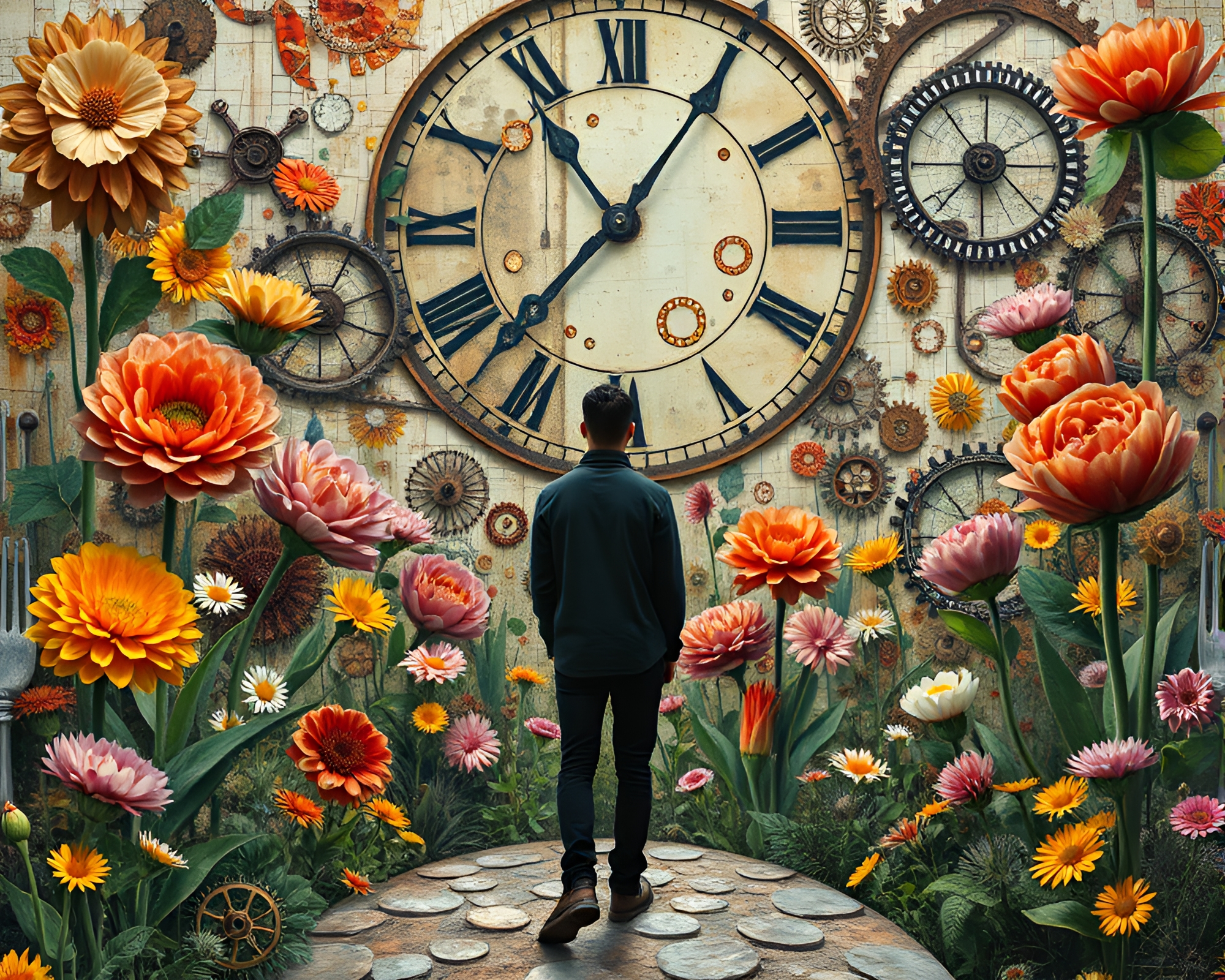 Clockwork Garden: Surreal Photomontage Collage of Flowers and Gears – free AI stock image