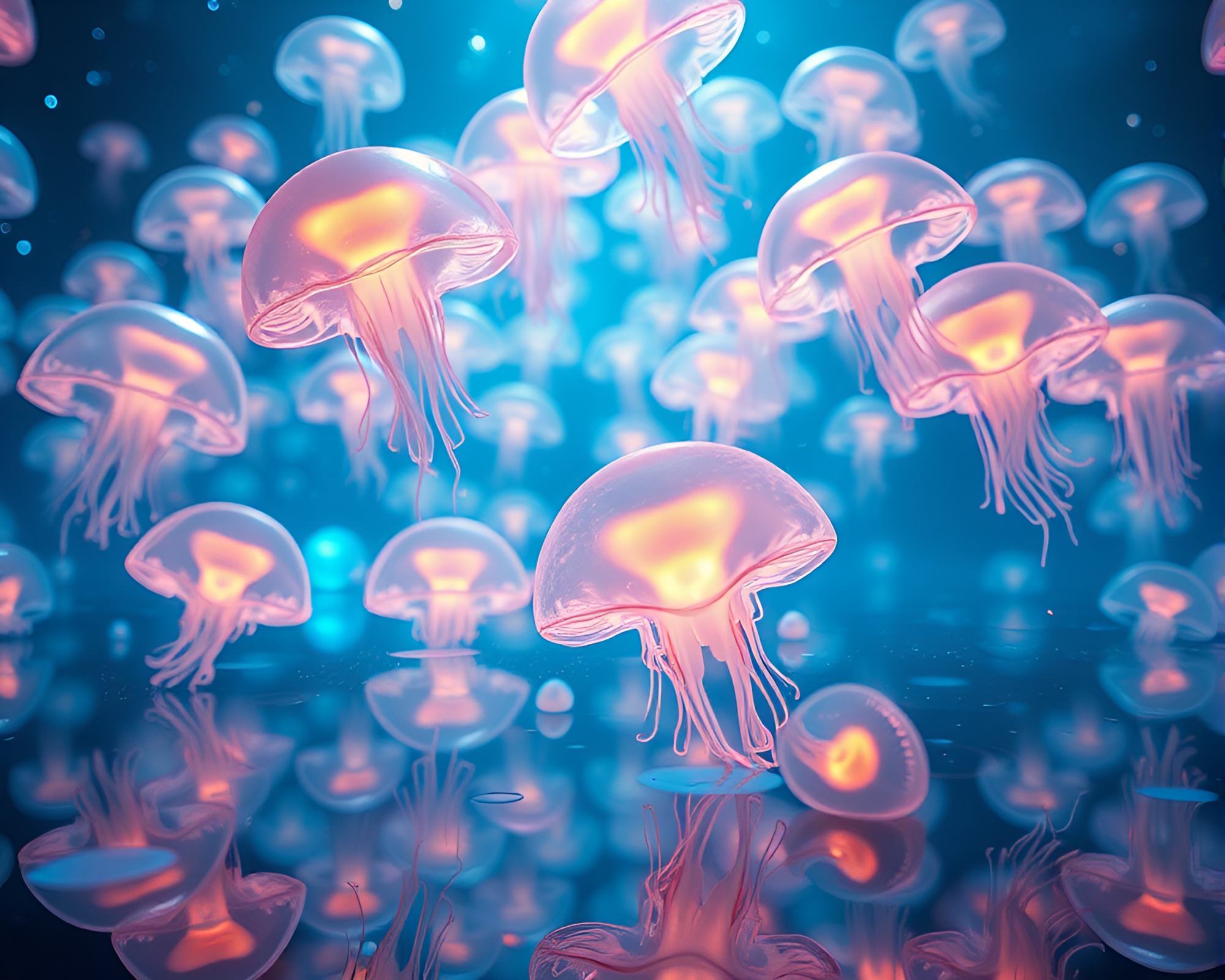 Mesmerizing Jellyfish Swarm Reflecting in Mirror-Like Surface – free AI stock image