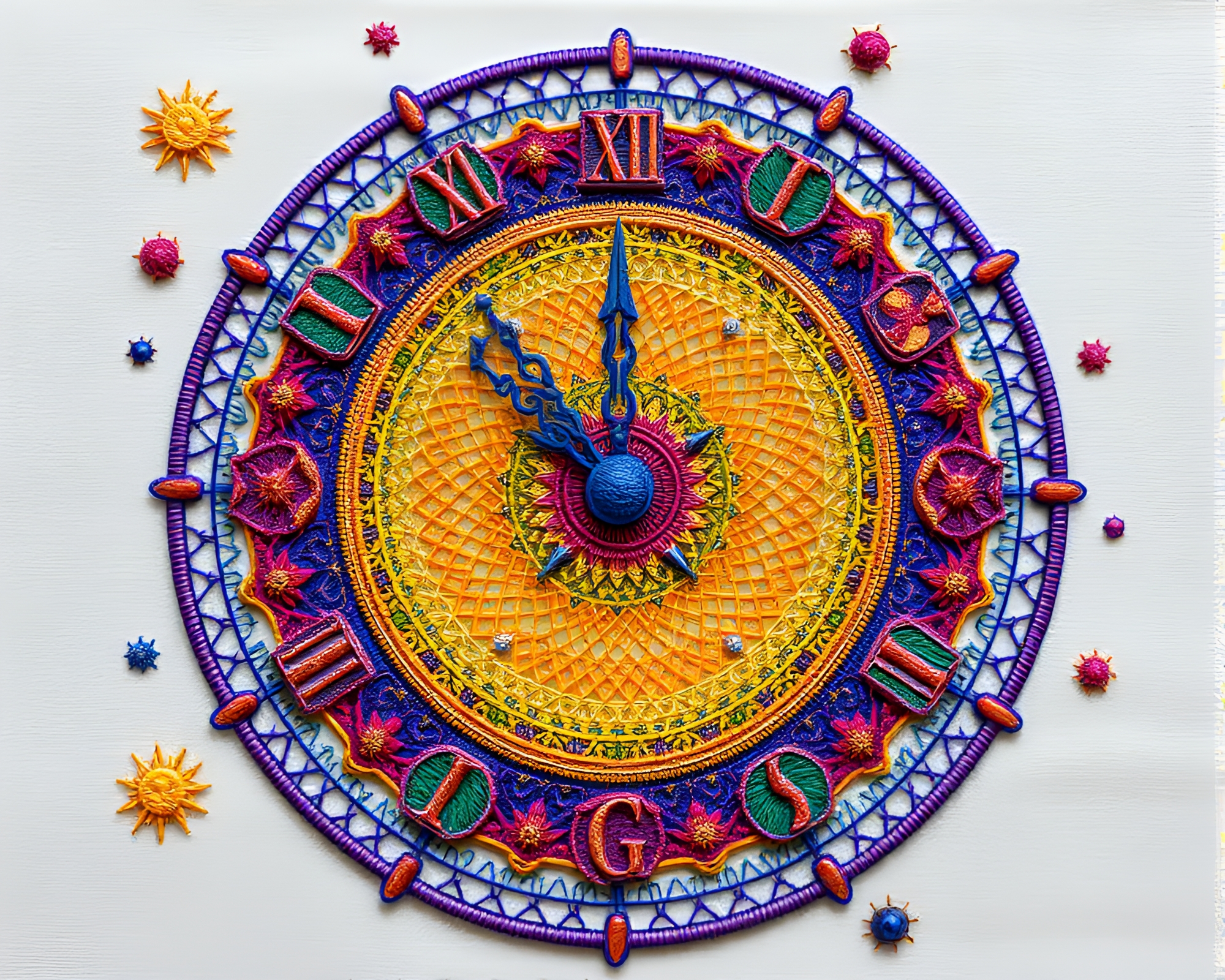 Cosmic Clock Face with Intricate Embroidery Pattern – free AI stock image