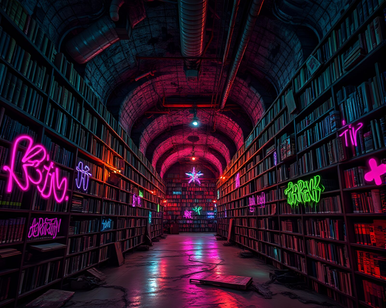 Vibrant neon graffiti tags decorate labyrinthine underground library scene