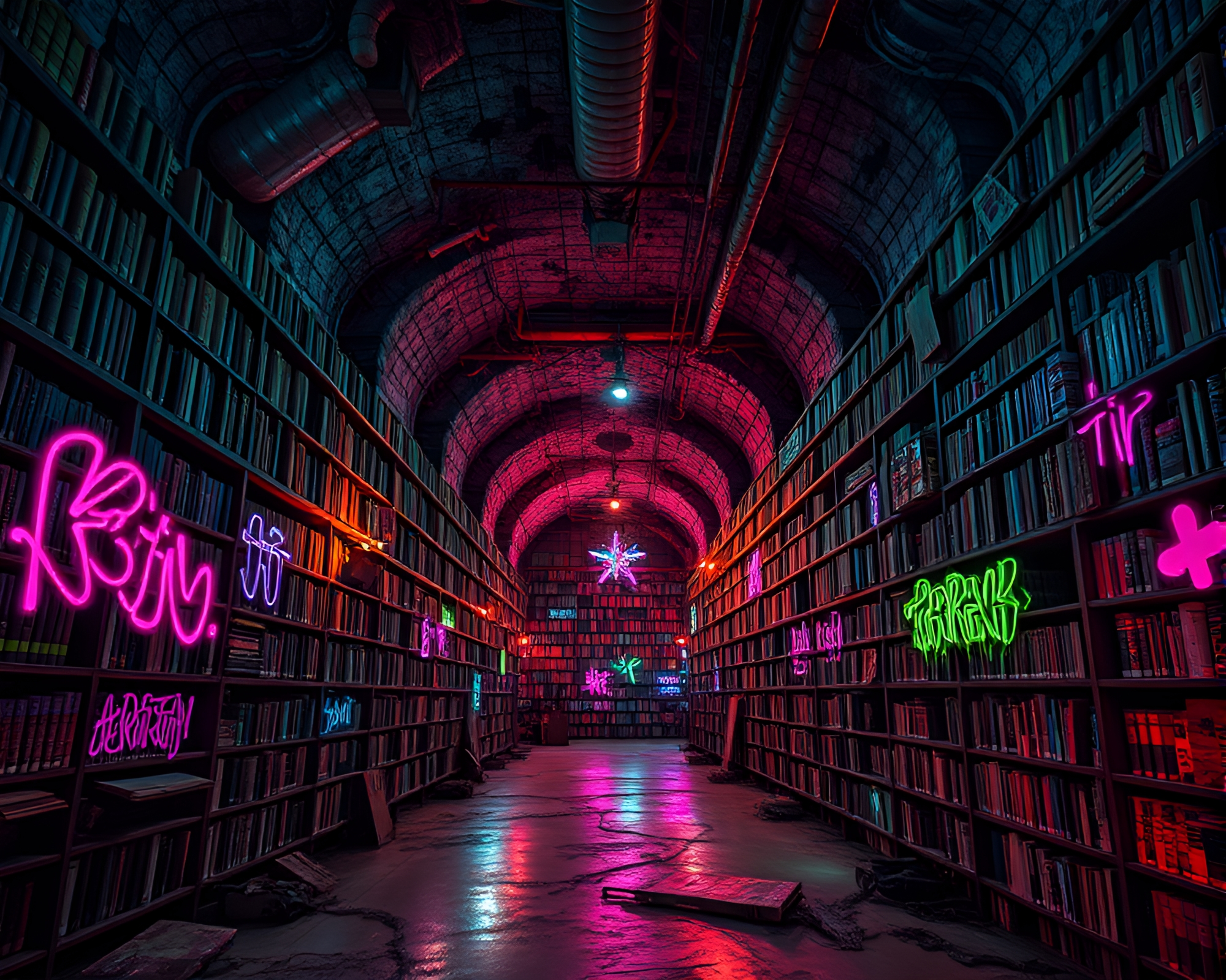 Subterranean Neon Labyrinth Library Covered in Graffiti Tags – free AI stock image
