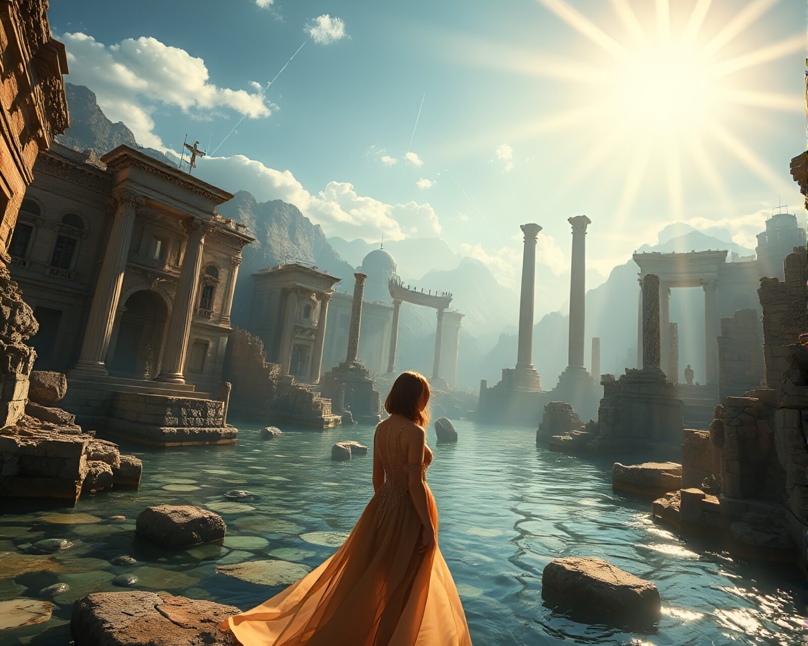 Fashion designer presenting latest collection in underwater ruins