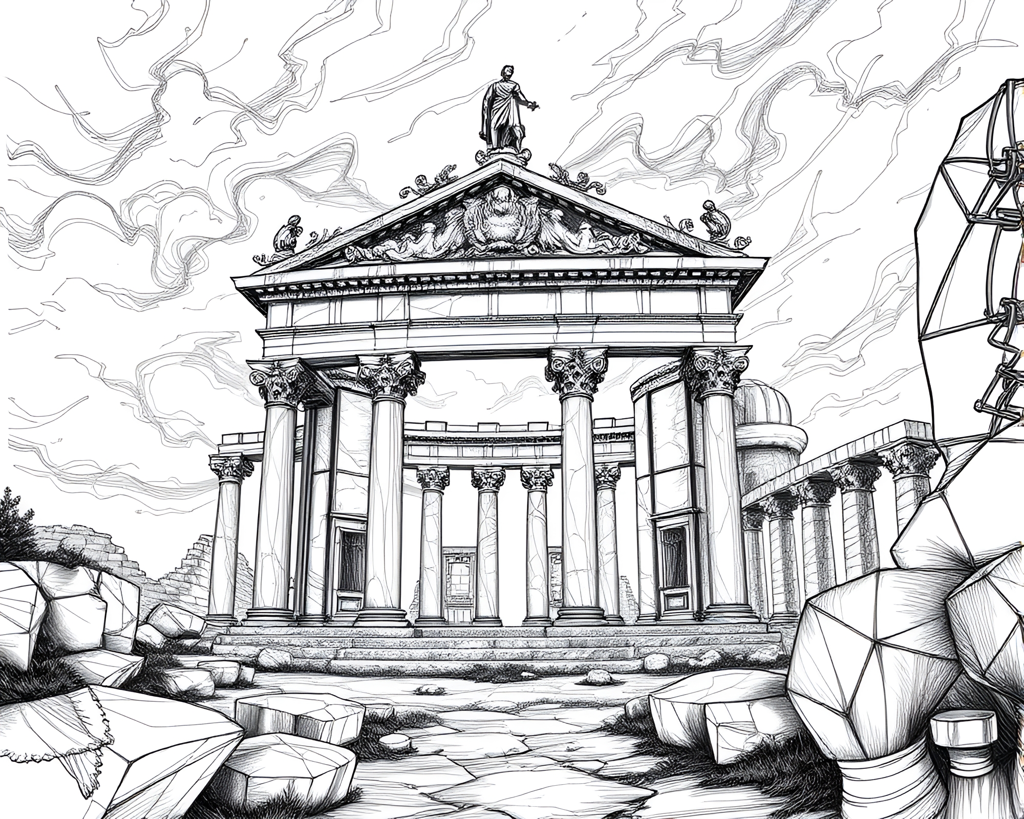 Ethereal Marble Palace Ruins in Detailed Line Drawing – free AI stock image
