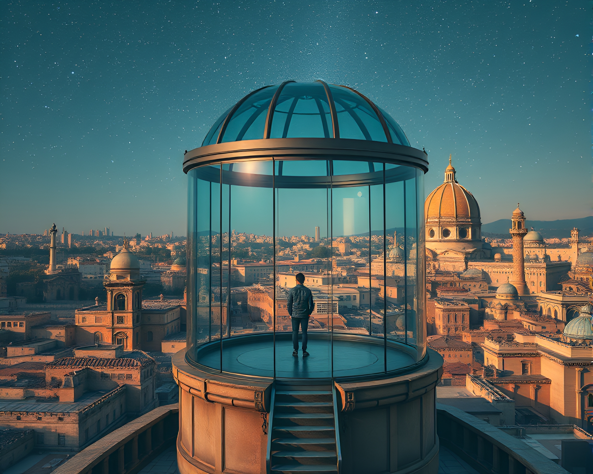 Solitary Figure in Ancient City Observatory Under Starry Sky – free AI stock image