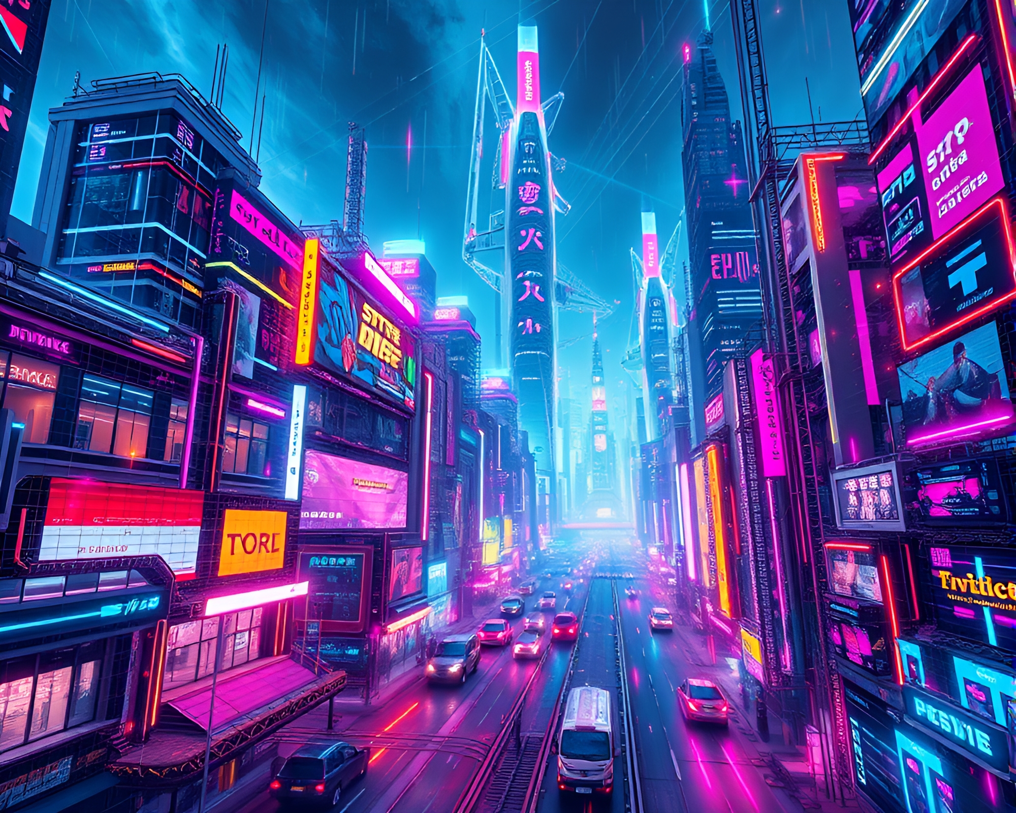 Neon-lit Futuristic Cityscape with Digital Data Flow – free AI stock image