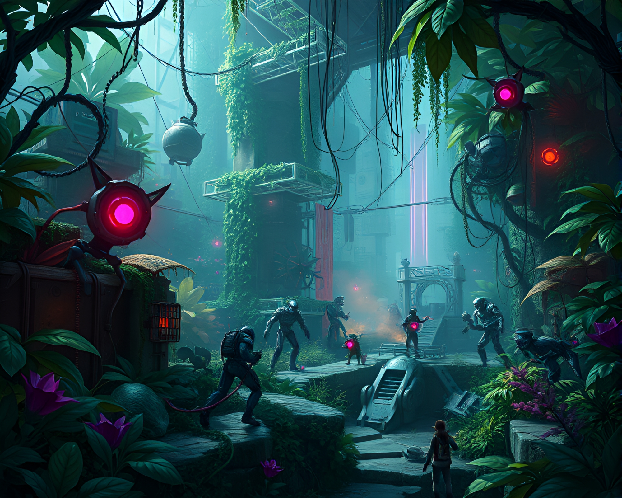 Cyberpunk Game: Navigating Botanical Overgrowth with Robotic Creatures – free AI stock image