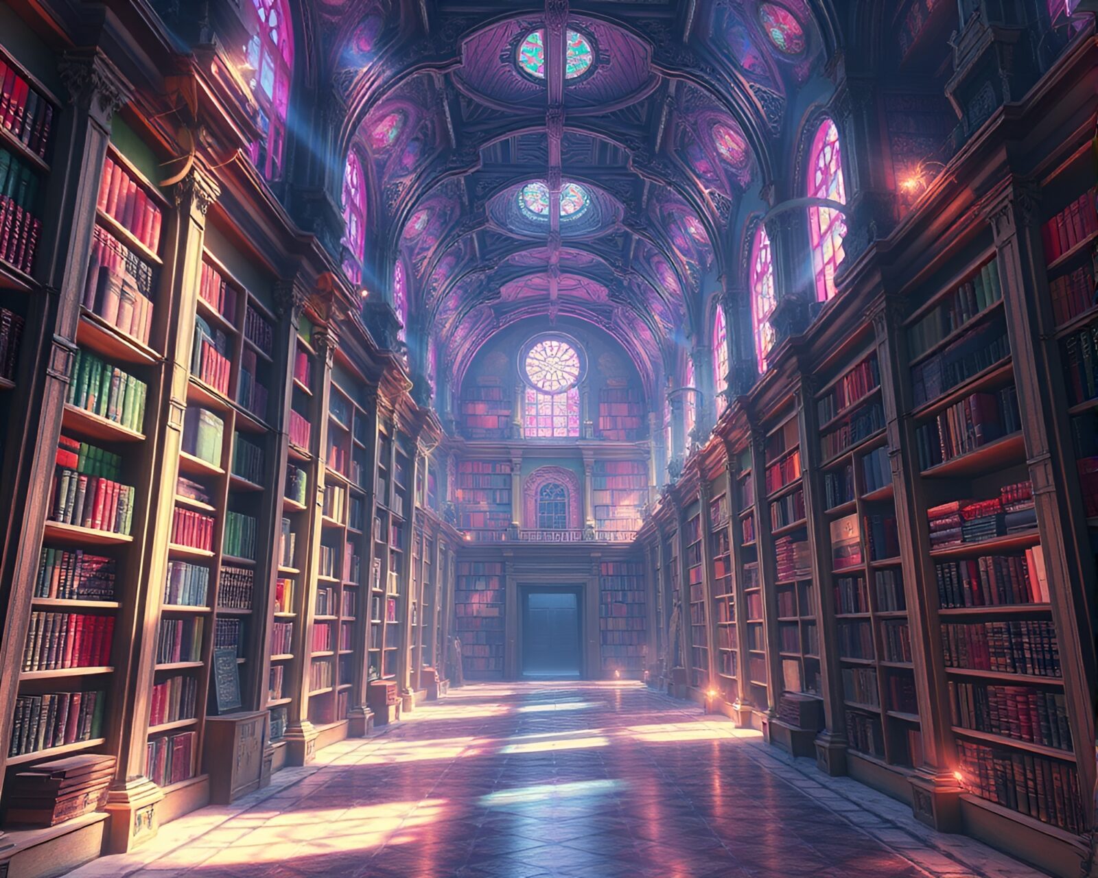 Swirling, mesmerizing digital matte paintings in labyrinthine library setting.