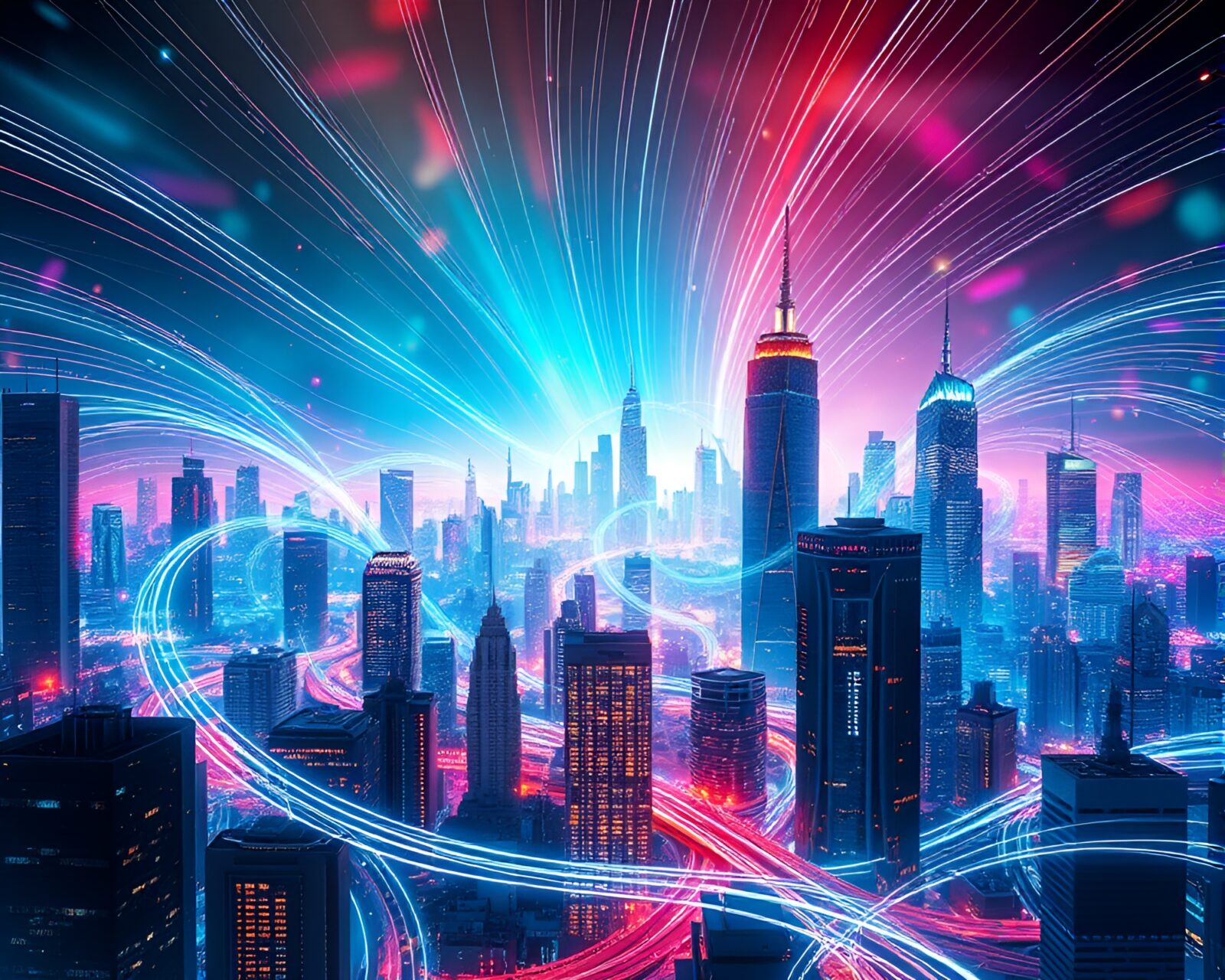 Vibrant cityscape with tech energy swirls and magnetic fields.